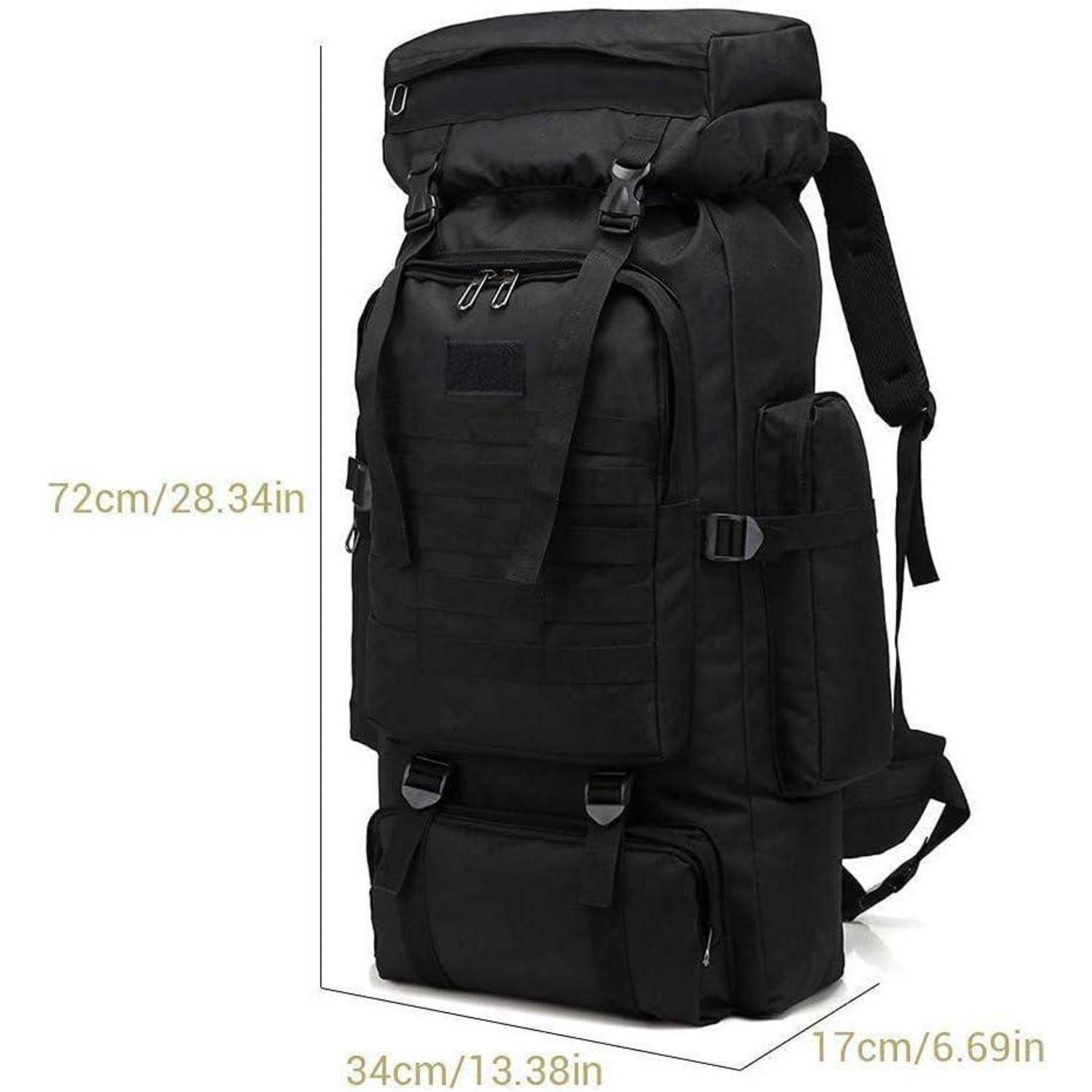 Ein großer schwarzer Rucksack mit mehreren Fächern und Trägern, Abmessungen wie folgt: 72 cm Höhe, 34 cm Breite und 17 cm Tiefe.