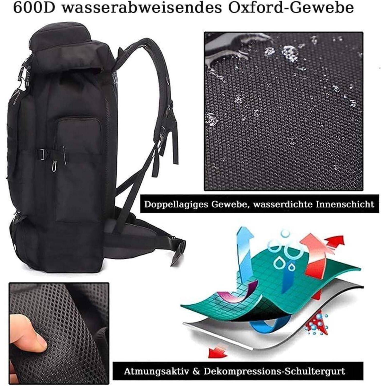 Ein wasserdichter schwarzer Rucksack aus doppellagigem Oxford-Gewebe mit atmungsaktiven und druckentlastenden Schultergurten.