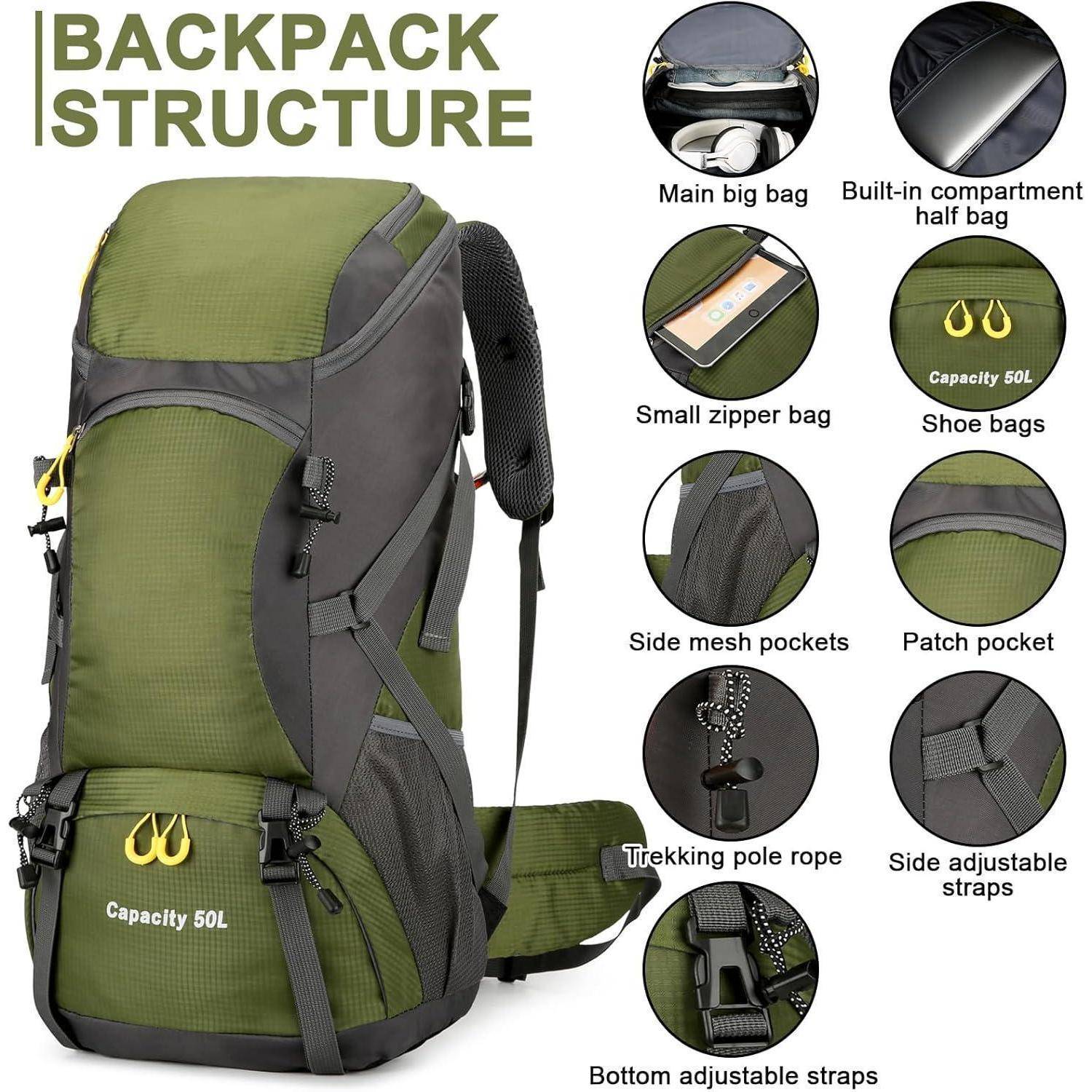 Wanderrucksack 50L Trekkingrucksack Regenhülle Reiserucksack Braun