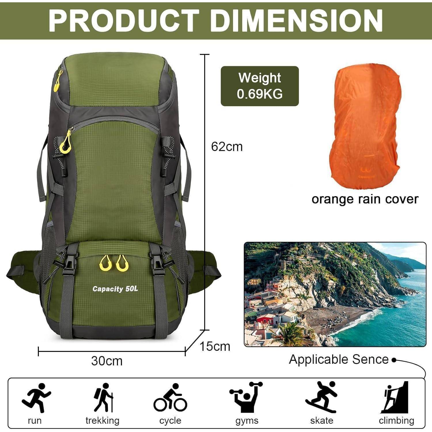 Wanderrucksack 50L Trekkingrucksack Regenhülle Reiserucksack Braun