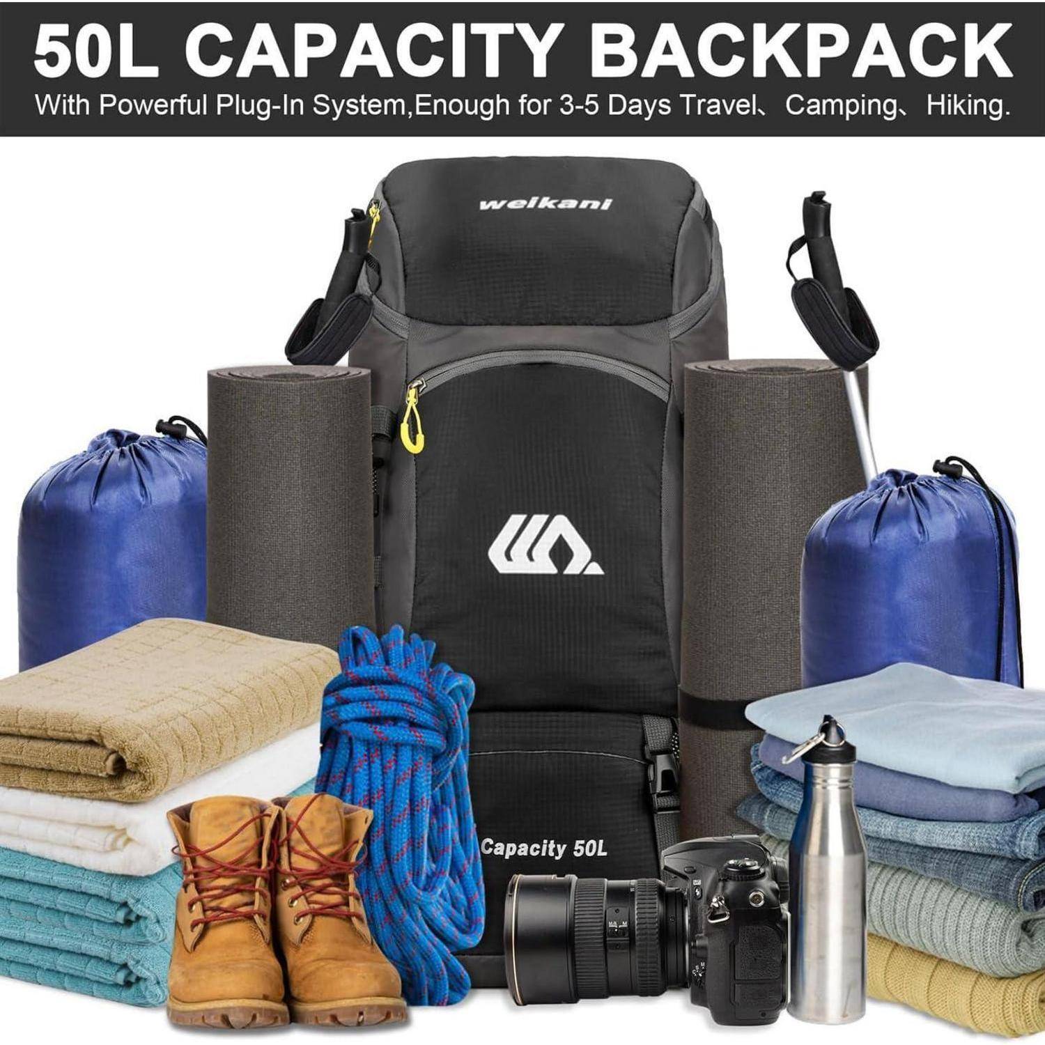 Wanderrucksack 50L Trekkingrucksack Regenhülle Herren Schwarz