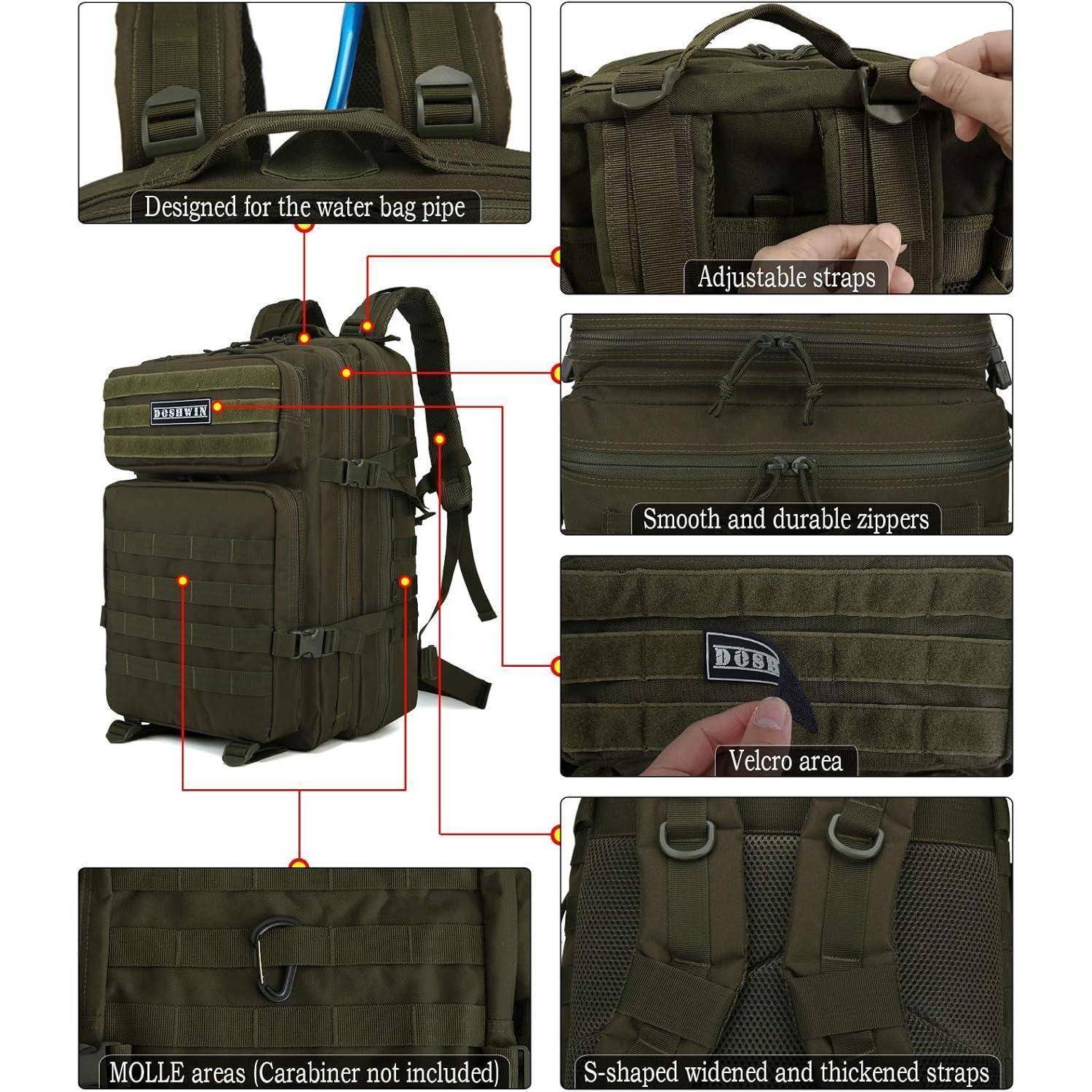 Olivgrüner taktischer Rucksack mit verstellbaren Trägern, glatten Reißverschlüssen, Klettfläche, MOLLE-Abschnitten und S-förmigen verstärkten Schultergurten.