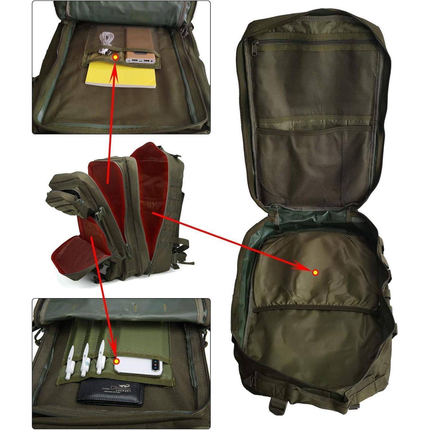 Grüner taktischer Rucksack mit mehreren Fächern, der Taschen für Werkzeuge, Notizbuch, Stifte und Handy präsentiert, alle geöffnet zur Ansicht.