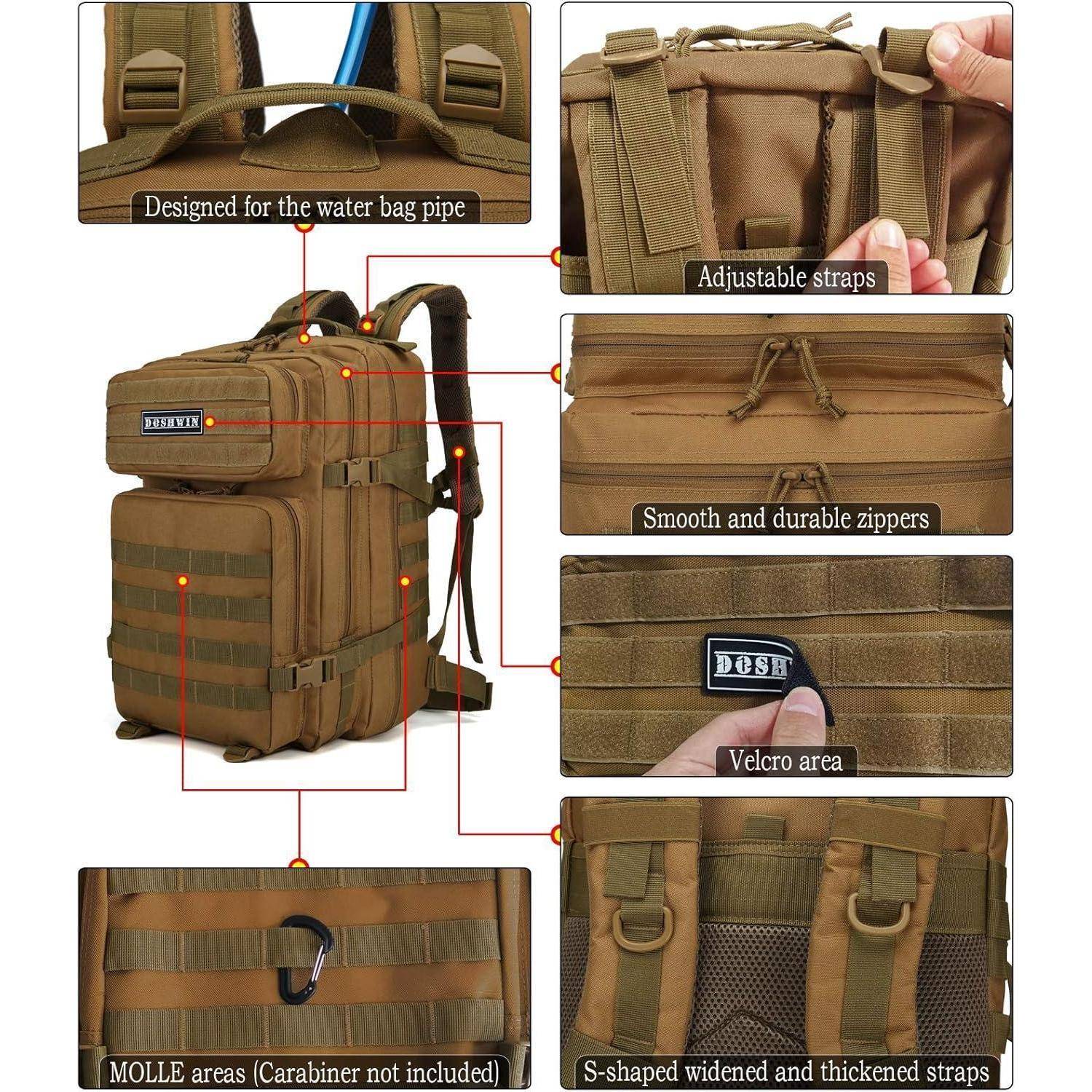 Ein brauner taktischer Rucksack mit folgenden Merkmalen: Wasserbeutel-Tasche, verstellbare Riemen, gleitende Reißverschlüsse, Klettverschlussbereich, MOLLE-Befestigungsflächen, verstärkte S-förmige Schultergurte.