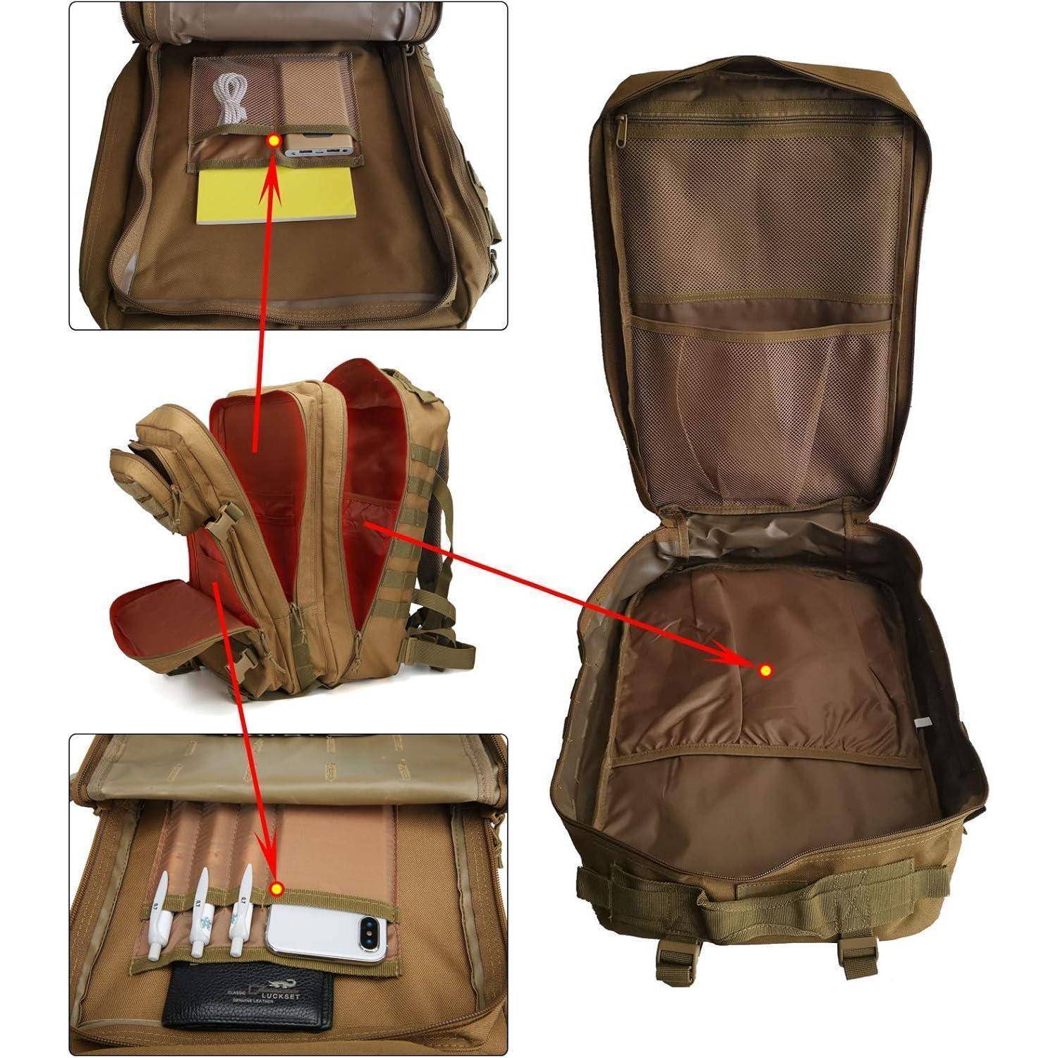 Ein brauner Rucksack mit einem großen Hauptfach, mehreren USB-Anschlüssen, einem Fach für Powerbanks und übersichtlichen Innentaschen für effizientes Packen.