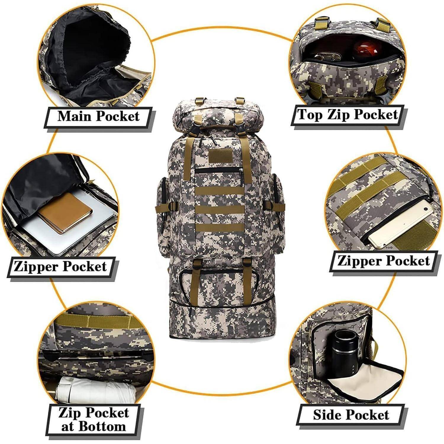 Ein Tarnrucksack mit mehreren Fächern: Hauptfach, Reißverschlusstasche oben, zwei Reißverschlusstaschen, Reißverschlusstasche am Boden und eine Seitentasche.