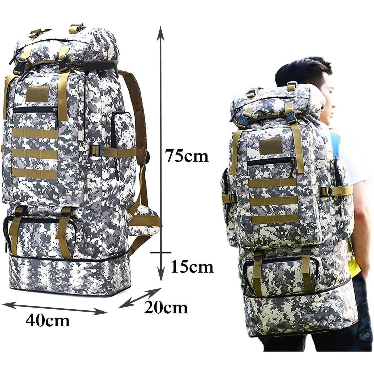 Ein großer Tarnfarben-Wanderrucksack mit den Abmessungen: 75 cm Höhe, 40 cm Breite, 20 cm Tiefe. An einer Person zur Größenbestimmung gezeigt.