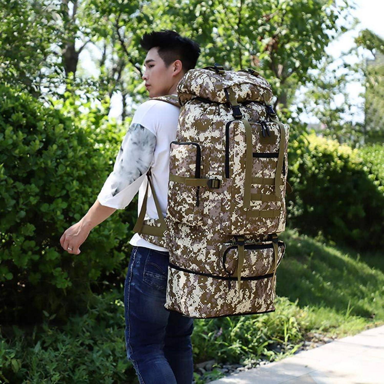 Trekkingrucksack Herren 100L Wasserdicht Molle Desert Camouflage