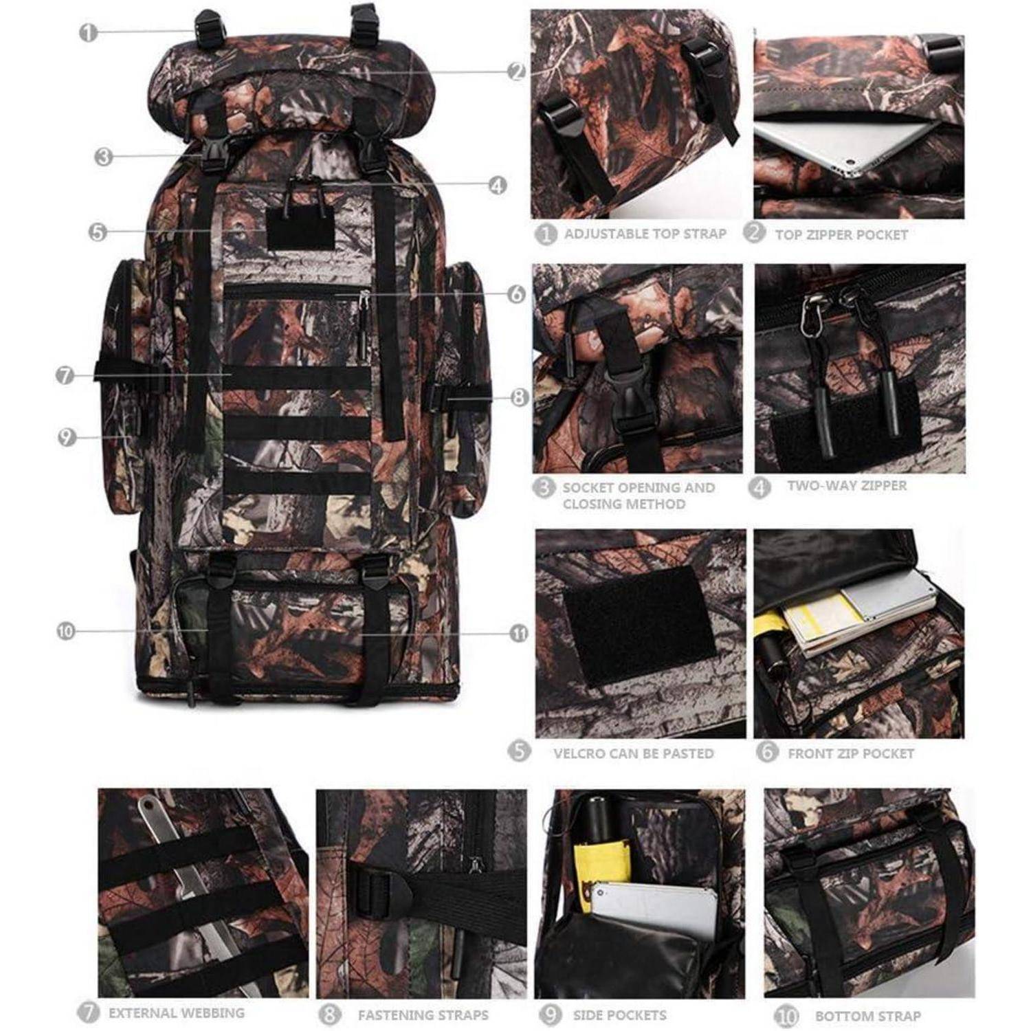 Trekkingrucksack Herren 100L Wasserdicht Molle Desert Camouflage