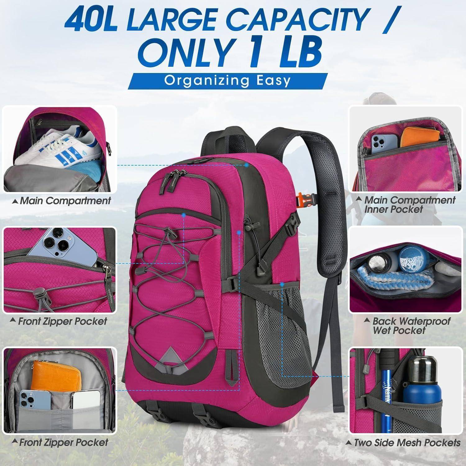 Ein magentafarbener, 40-Liter-Rucksack aus leichtem Material mit mehreren Fächern, ausgestattet mit Frontreißverschluss, Hauptfach, Innentasche, wasserdichter Rückseite und seitlichen Netztaschen.