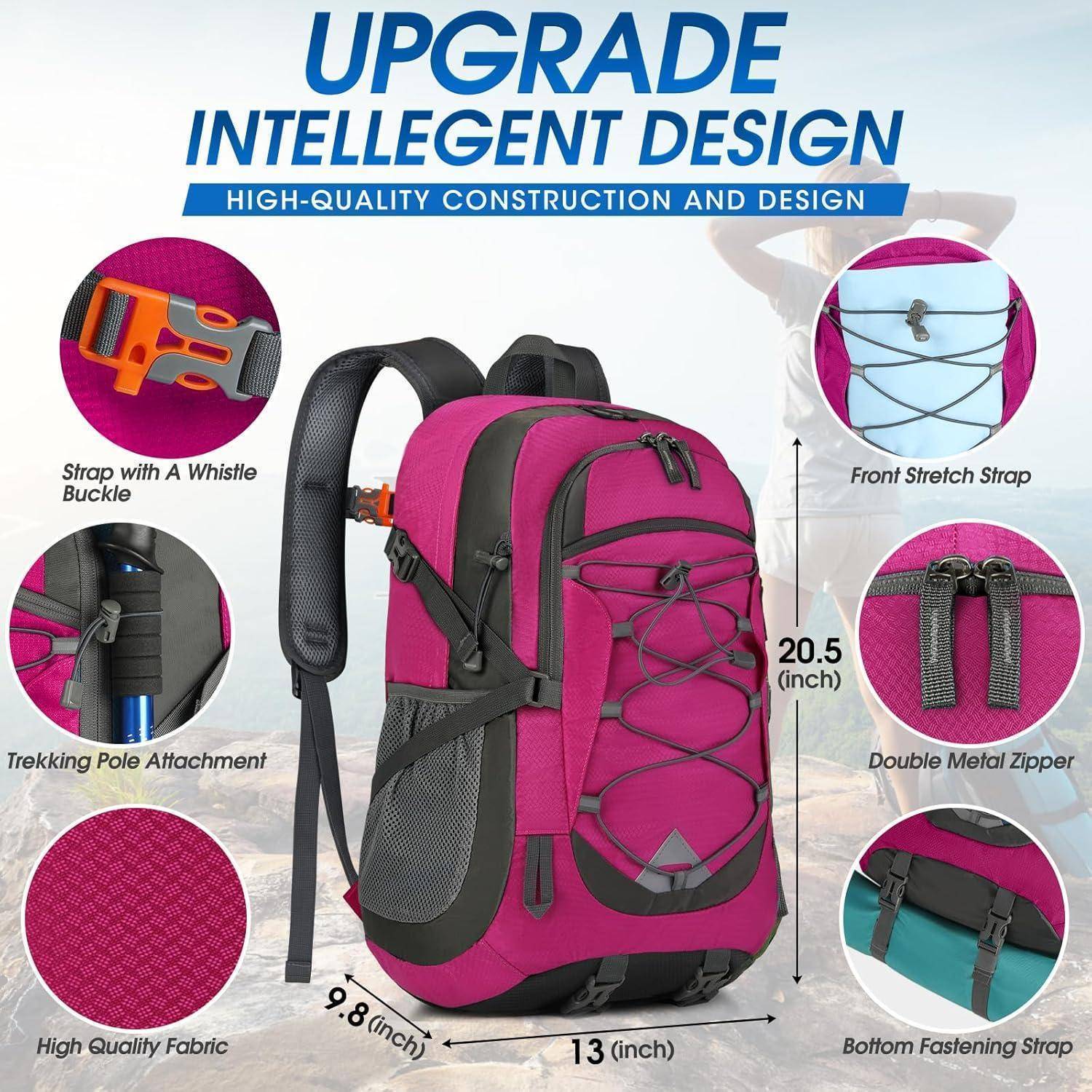 Upgrade Intelligentes Design: Hochwertige Konstruktion' Text mit einem detaillierten rosa Rucksack-Bild, das Merkmale wie eine Pfeifenschnalle, vorderes Dehnungsband, Trekkingstock-Befestigung, doppelten Metallreißverschluss, hochwertige Stoff und unteres Befestigungsband zeigt. Abmessungen: 20,5 x 13 x 9,8 Zoll.