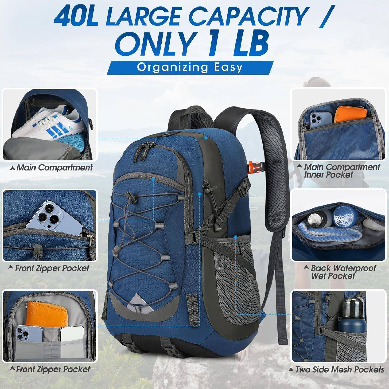 Wanderrucksack 40L Herren Damen wasserdicht faltbar leicht Marineblau