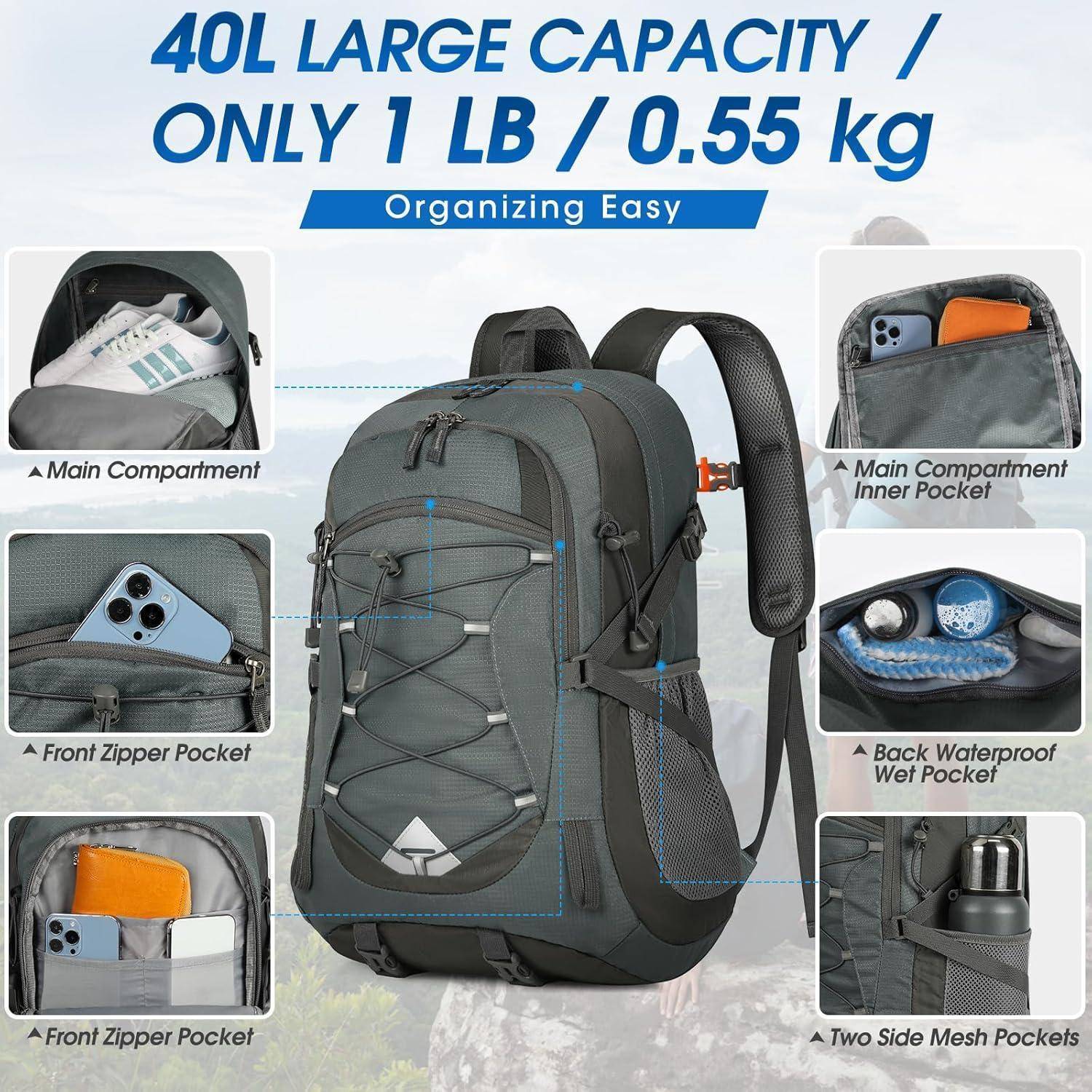 Wanderrucksack 40L Herren Damen wasserdicht faltbar Trekking Grau