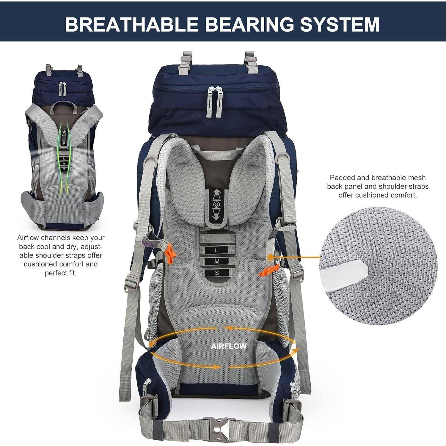 Trekkingrucksack 70L Damen Herren Regenschutz Dunkelblau-70l