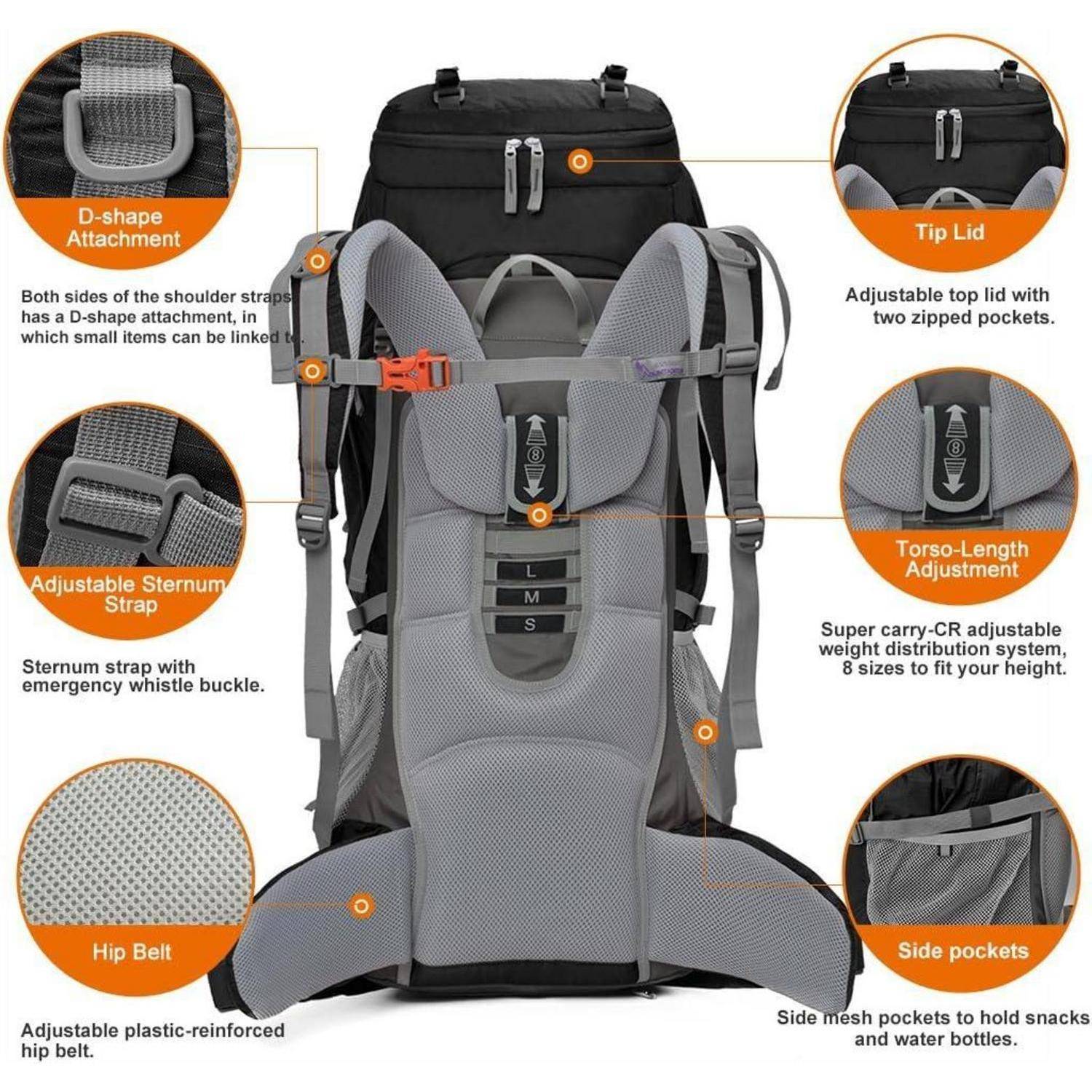 Rucksack mit orangefarbenen Markierungen, die folgende Merkmale detaillieren: verstellbare Träger, D-förmige Befestigung, Brustgurt, Torso-Längenjustierung, Hüftgurt und Seitentaschen.