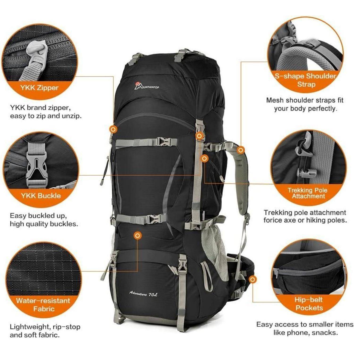 Ein großer schwarzer Wanderrucksack mit hervorgehobenen Merkmalen: YKK-Reißverschlüsse und -Schnallen, S-förmige Schultergurte, wasserabweisende Stoffbespannung, Befestigungsmöglichkeit für Trekkingstöcke und Hüftgurtentaschen.