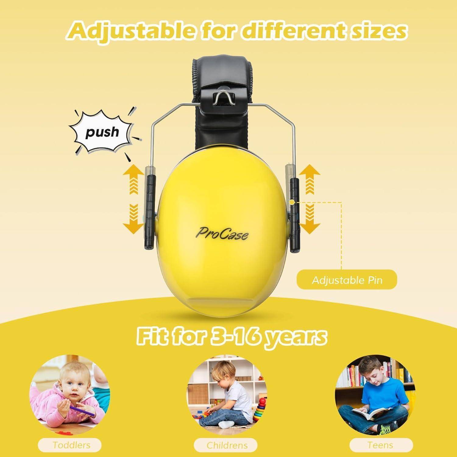 Gelbe ProCase Gehörschutz mit verstellbarer Stange, mit Aufschrift „Verstellbar für verschiedene Größen