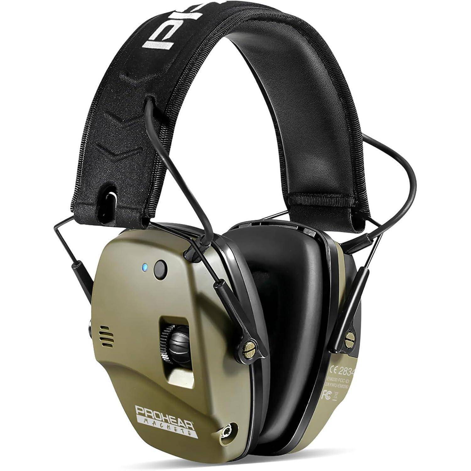 Ein Paar geräuschunterdrückende Kopfhörer mit gepolstertem Kopfband und zusammenklappbarem Design, in Schwarz und Armeegrün dargestellt.