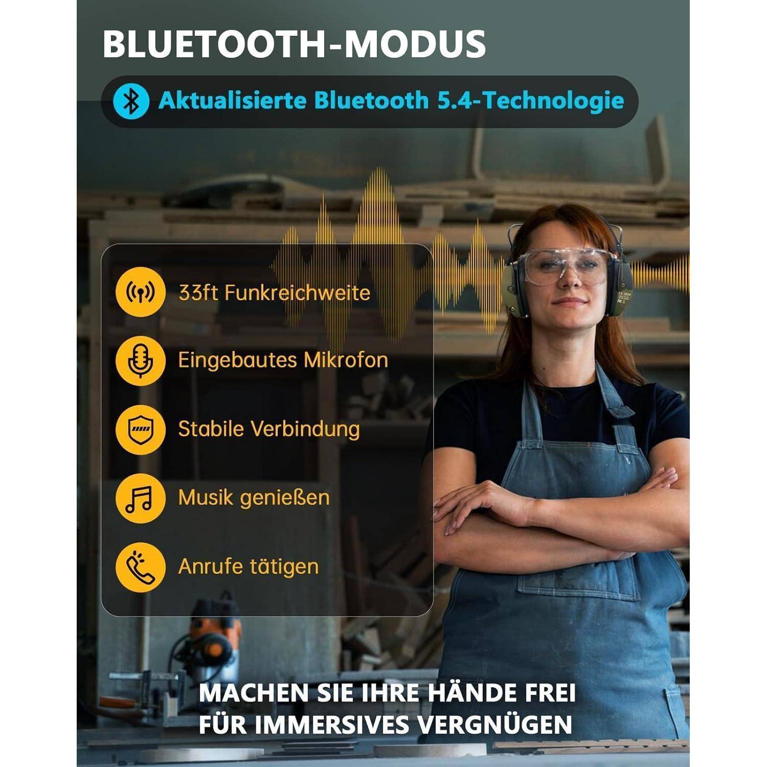Eine Frau mit Sicherheitsbrille steht selbstbewusst in einer Werkstatt. Das Bild hebt die Bluetooth 5.4-Funktionen hervor: Reichweite, Mikrofon, Verbindungsstabilität, Musik und Anrufe. Text: 'Machen Sie Ihre Hände frei für immersives Vergnügen.