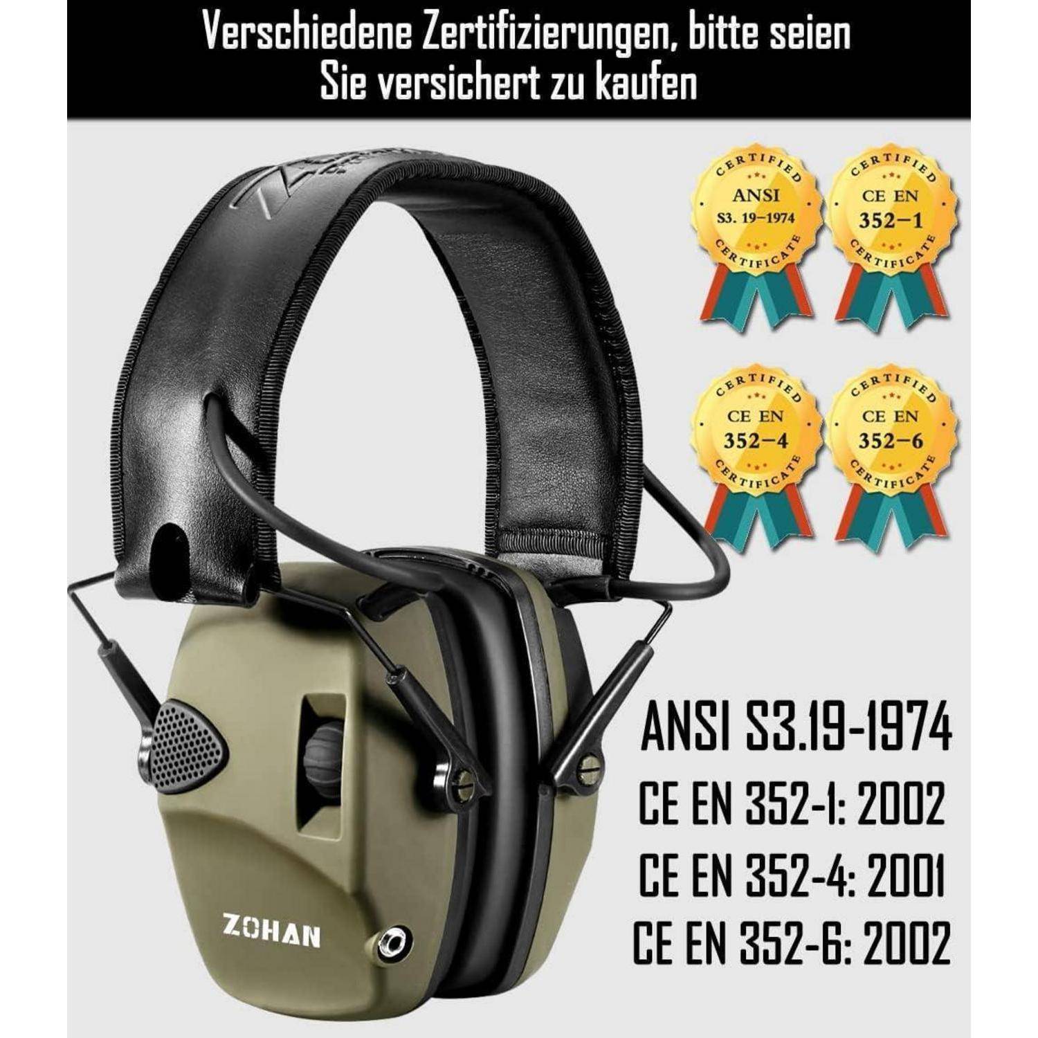 Geräuschunterdrückende Gehörschützer mit Zertifizierungen: ANSI S3.19-1974, CE EN 352-1: 2002, CE EN 352-4: 2001, CE EN 352-6: 2002.
