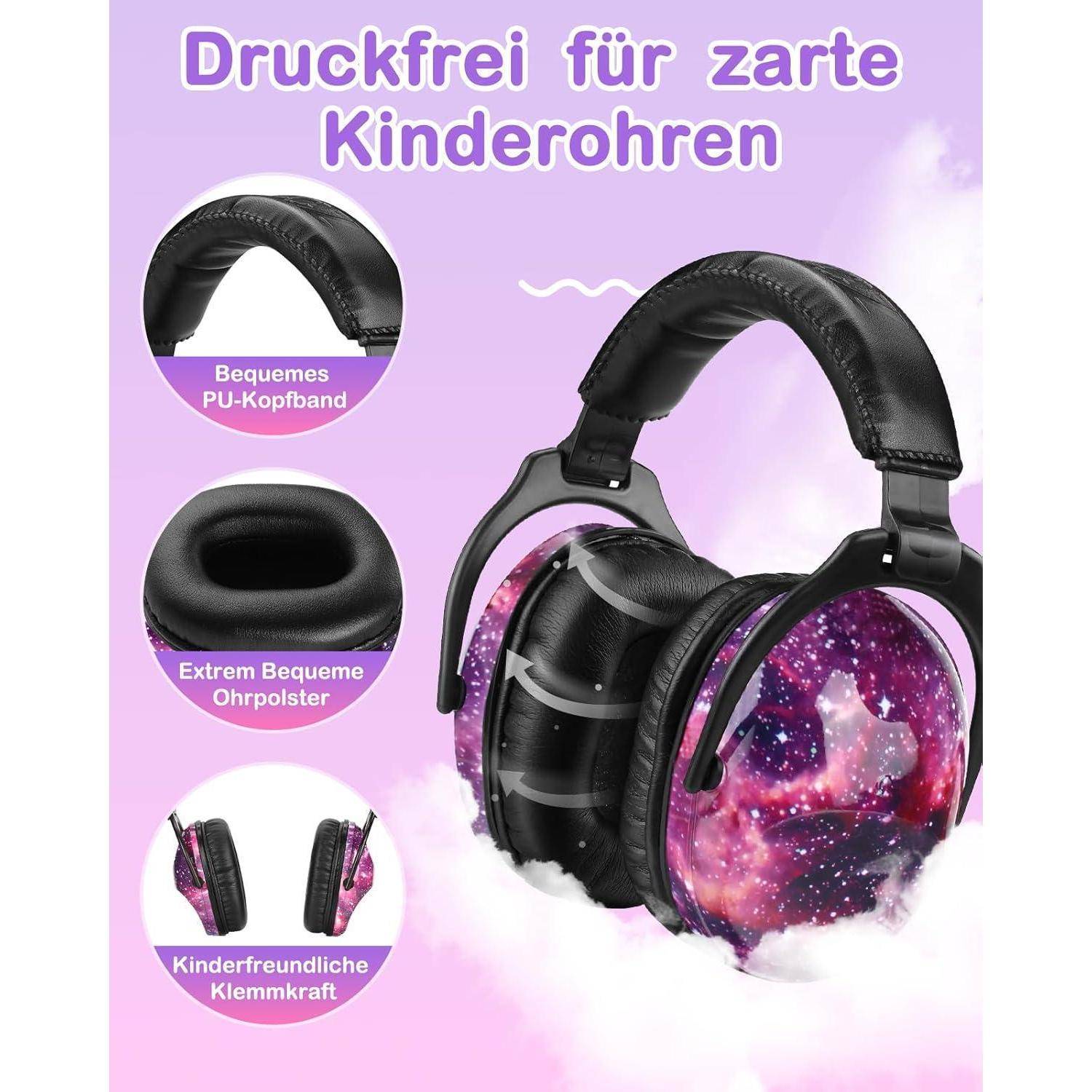 Kopfhörer mit Galaxy-Print-Design auf rosa Hintergrund. Aufgeführte Merkmale umfassen 'Bequemes PU-Kopfband' und 'Kinderfreundliche Klemmkraft'.