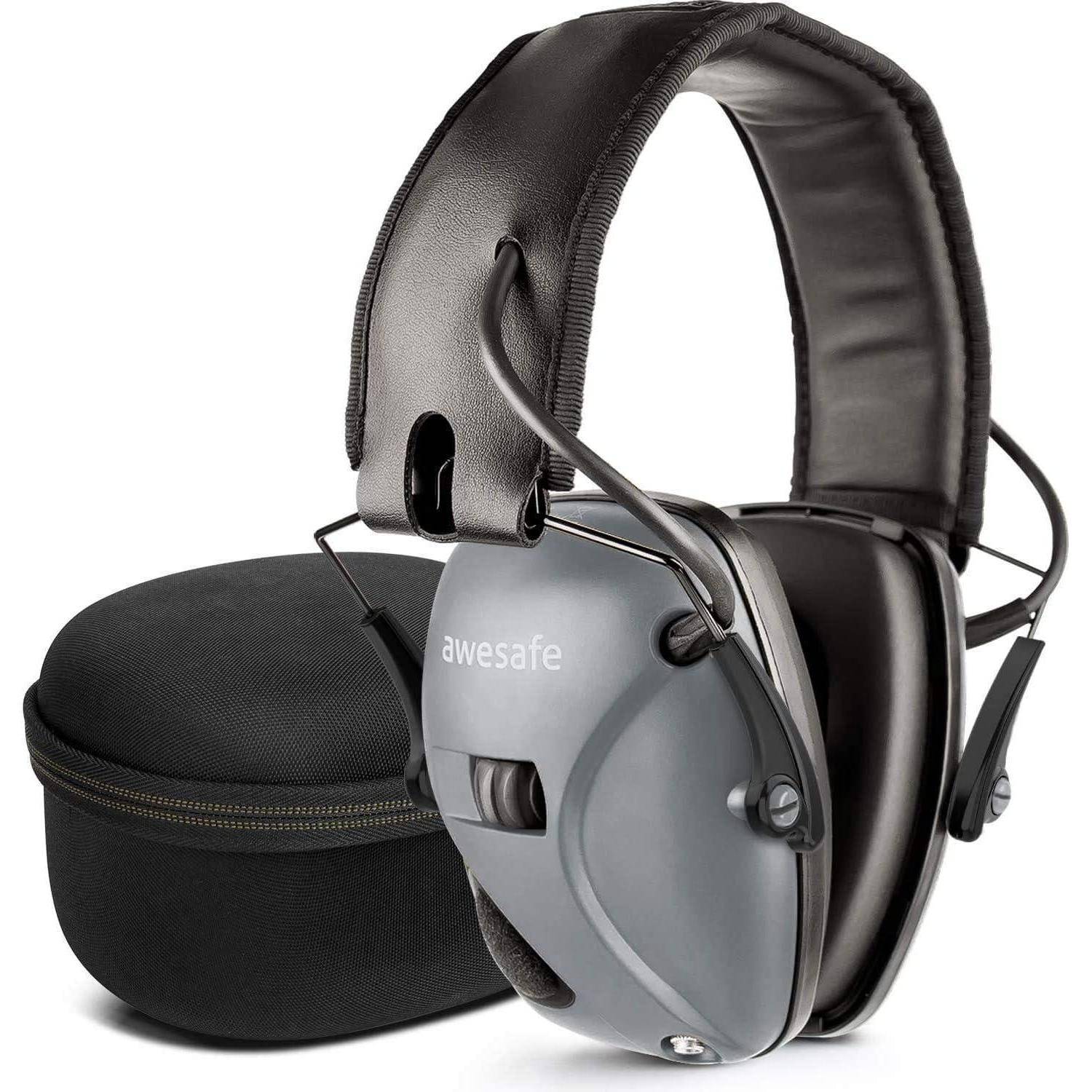 Noise-Cancelling-Kapselgehörschutz mit 'awesafe' Logo, ausgestattet mit gepolstertem Kopfbügel. Schwarze Tragetasche im Lieferumfang enthalten. Entwickelt zum Gehörschutz.