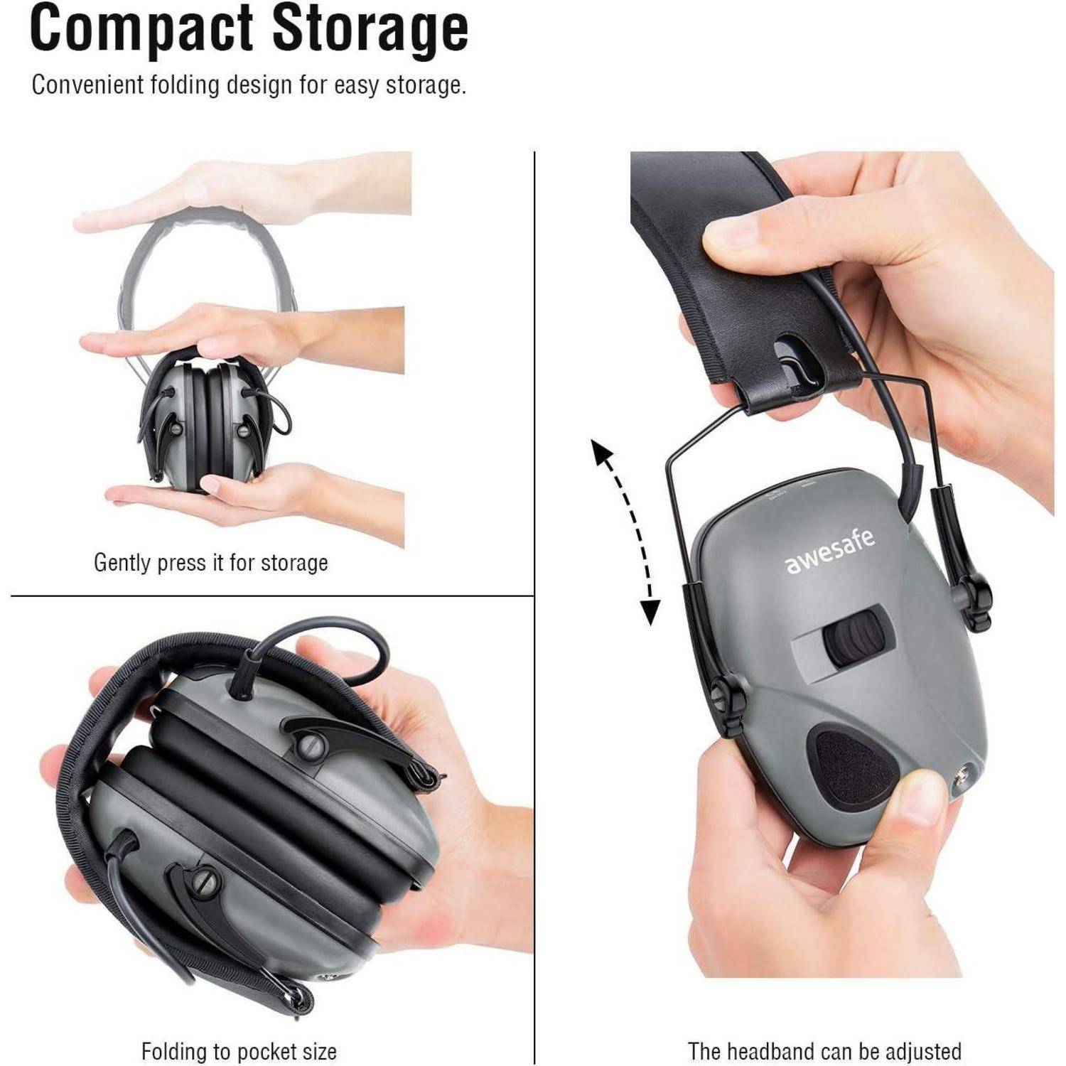Kompakte Aufbewahrung' zeigt Hände, die Ohrenschützer zum leichten Verstauen zusammenfalten und damit das kompakte Design demonstrieren. Enthält Text: 'Sanft zusammendrücken zum Aufbewahren', 'Zusammenfalten auf Taschenformat', 'Der Kopfbügel kann eingestellt werden'.