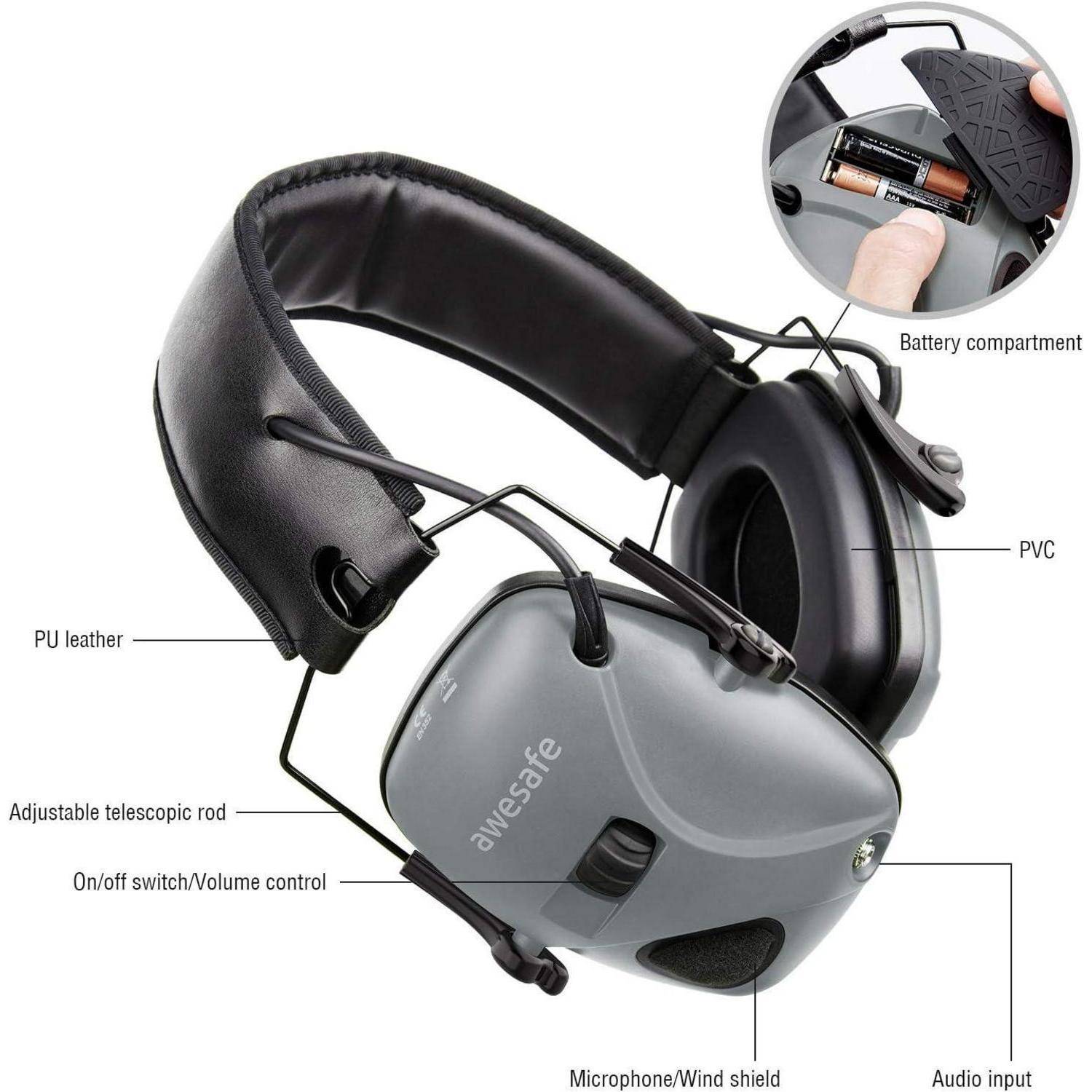 Aktive Kopfhörer mit Geräuschunterdrückung und Mikrofon. Eigenschaften: verstellbarer Kopfbügel, Ein-/Aus-Schalter, Lautstärkeregelung, Batteriefach und Audioeingang.