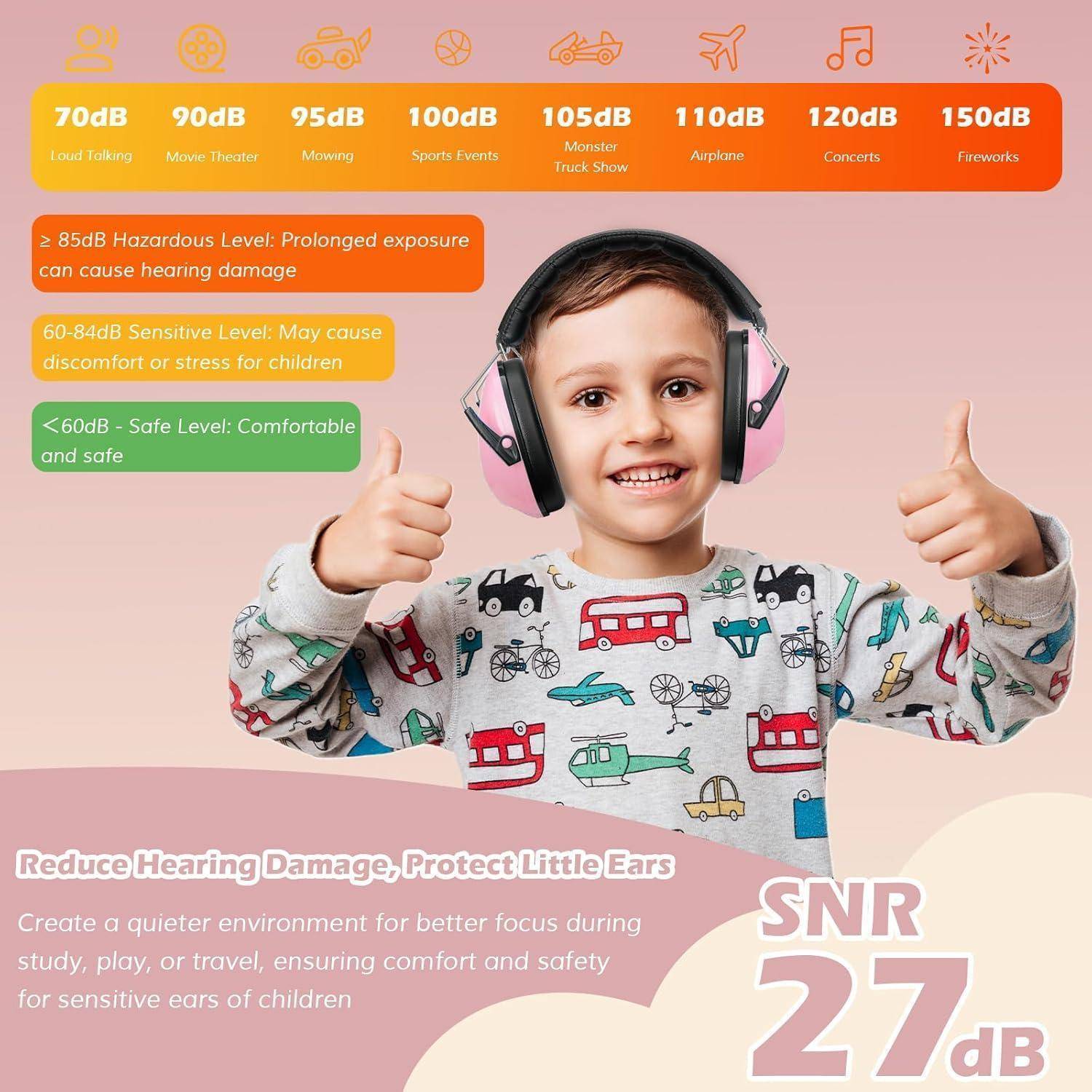 Ein Kind mit rosa Ohrenschützern zeigt zwei Daumen hoch. Text lautet: 