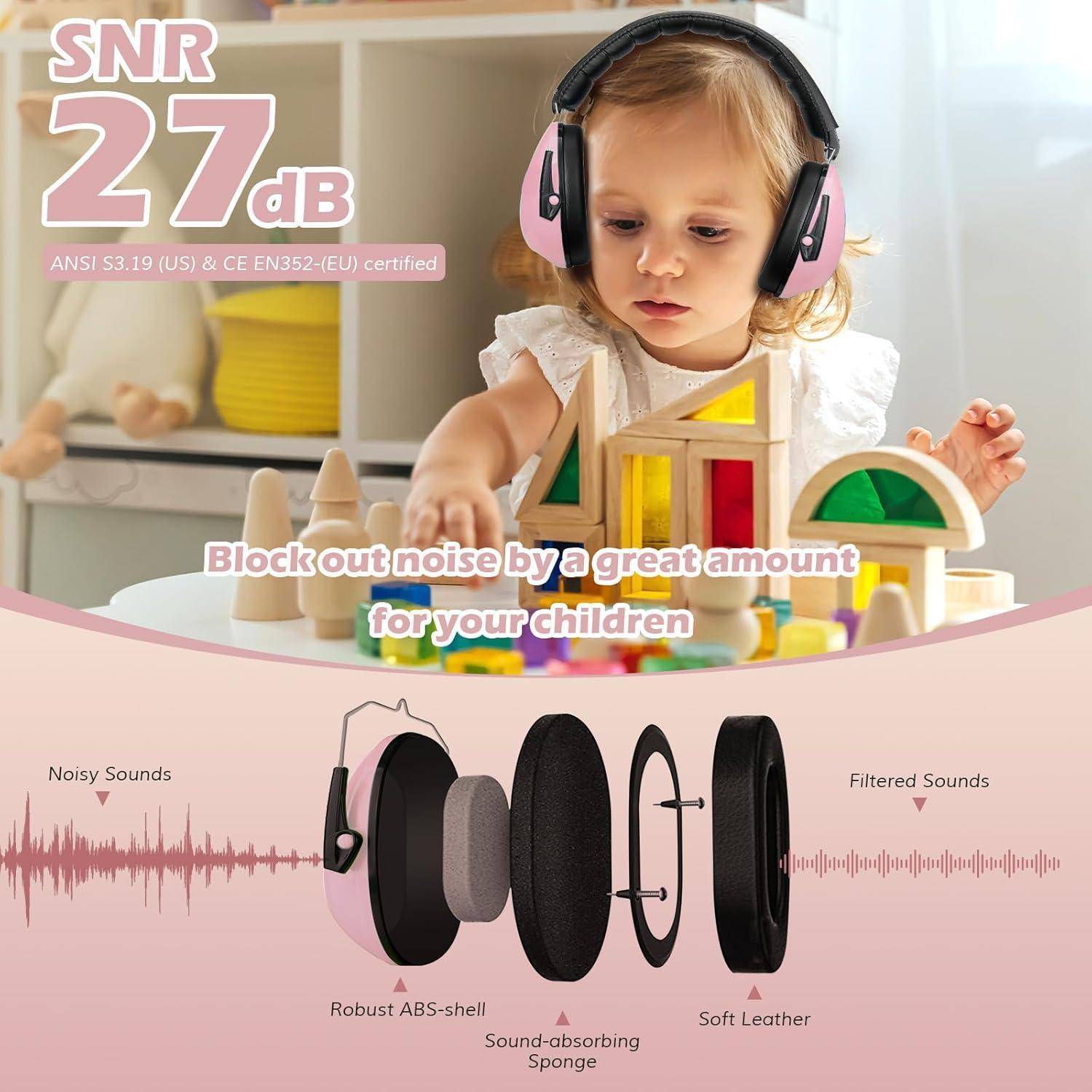 Ein Kind mit rosa Noise-Cancelling-Gehörschützern spielt mit Spielzeugen. Text lautet: 