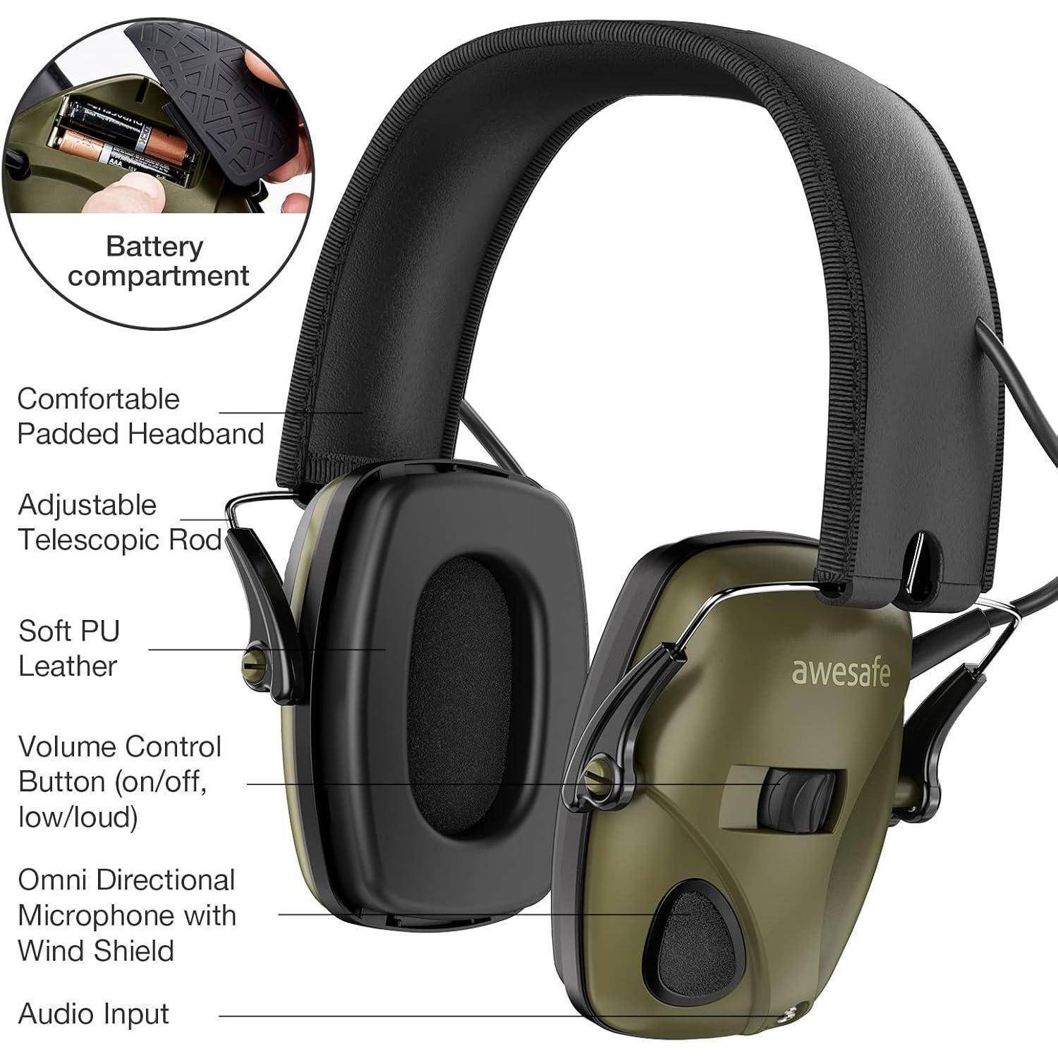Kopfhörer mit verstellbarem Teleskoparm, Lautstärkeregelung, weichem PU-Leder und Mikrofon. Zu den Funktionen gehören ein Batteriefach und ein Audioeingang.