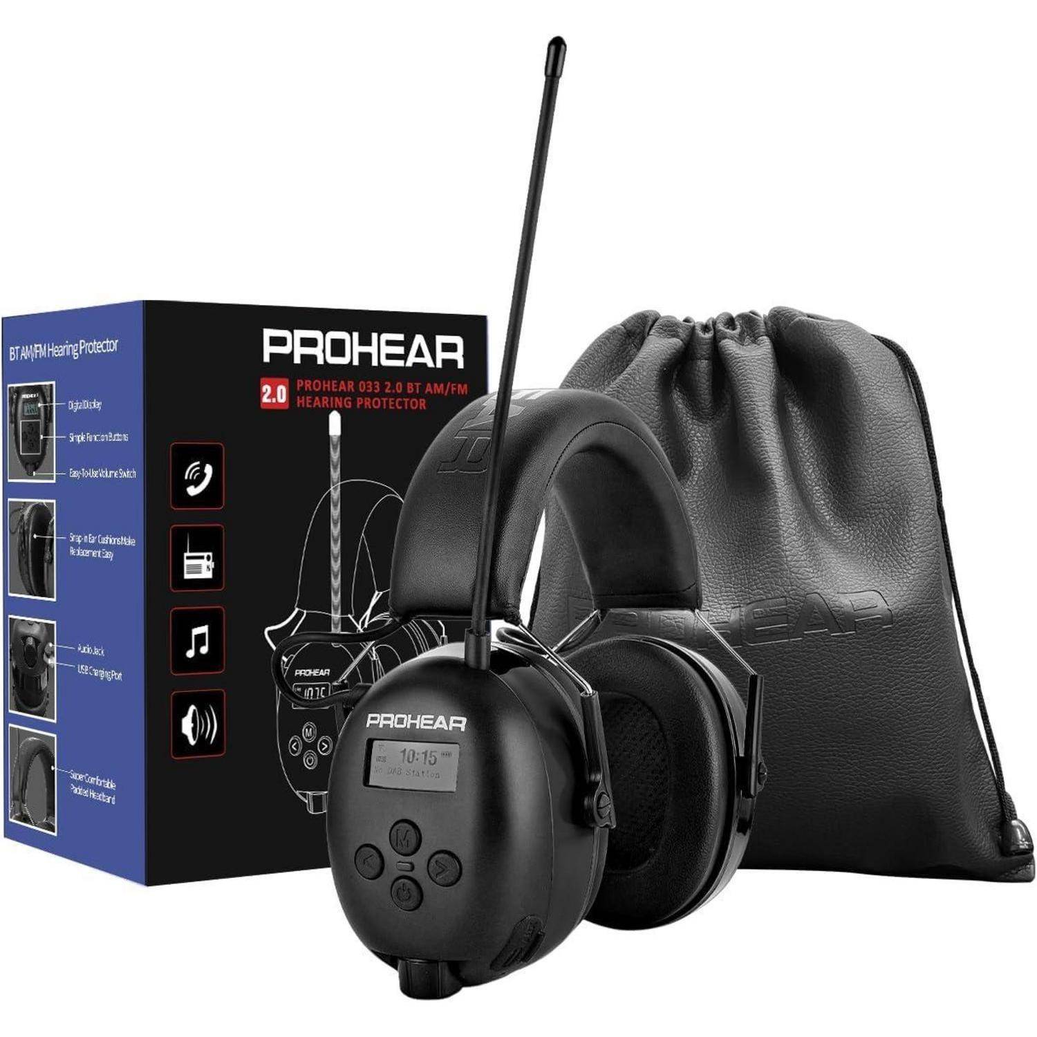 Kopfhörer mit Antenne, schwarz, mit der Aufschrift 'PROHEAR'; inklusive Verpackung und Transportbeutel. Geeignet für Lärmschutz.