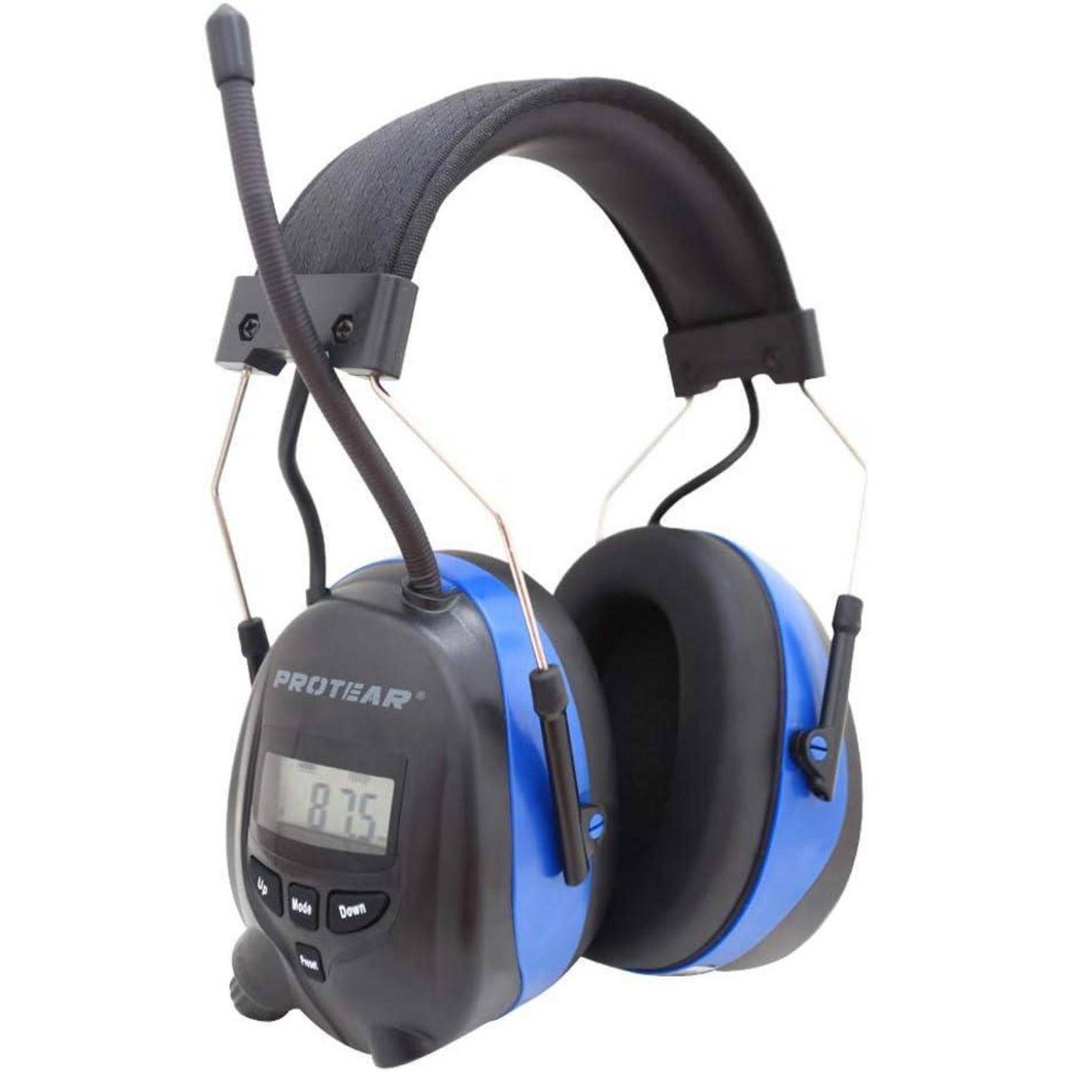 Über-Ohr-Sicherheitskapselgehörschutz mit integrierter Radioanzeigeeinheit, Mikrofon und verstellbarem Kopfbügel für Schallschutz und Unterhaltung.