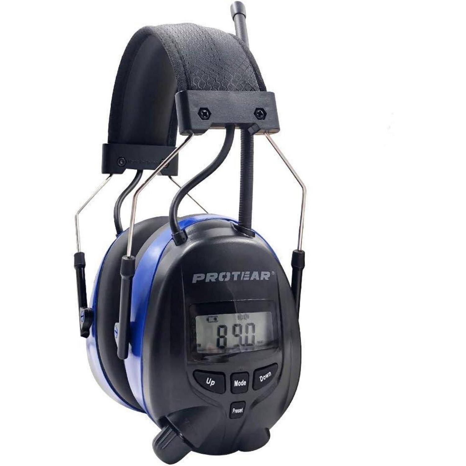 Noise-Cancelling-Kopfhörer mit einem digitalen Display, das '8,90' anzeigt. Ausgestattet mit Tasten für 'Hoch', 'Modus' und 'Runter'.