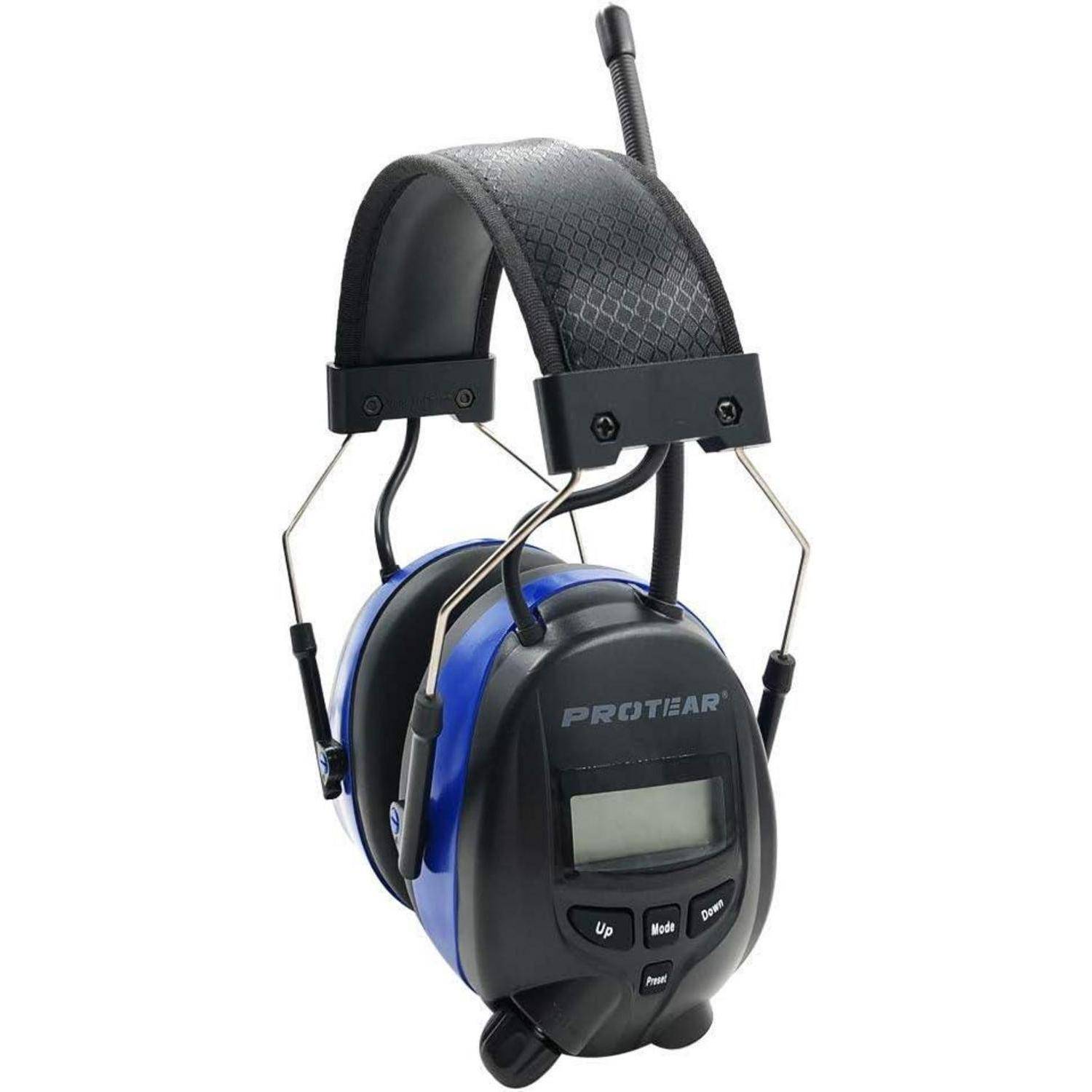 Blauer und schwarzer Over-Ear Gehörschutz-Kopfhörer mit Bedienelementen und digitalem Display, Marke 'PROTEAR'.