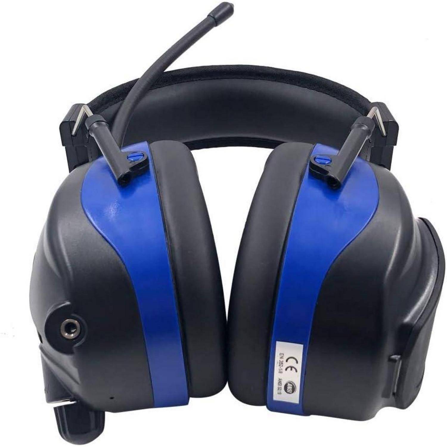 Blaue und schwarze Noise-Cancelling-Kopfhörer mit angebrachtem Mikrofon, entwickelt für Audioklarheit bei der Kommunikation in lauten Umgebungen.
