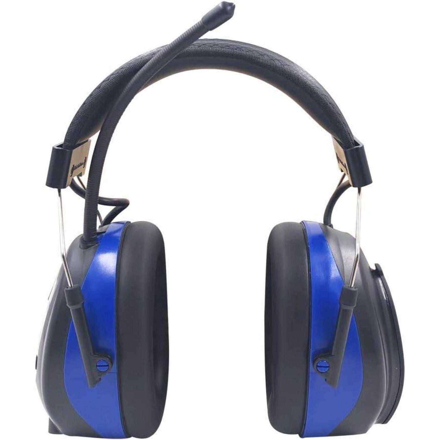 Blau und schwarz gehaltene Noise-Cancelling-Kopfhörer mit angebrachtem Mikrofon, entwickelt für Gehörschutz und Kommunikation.