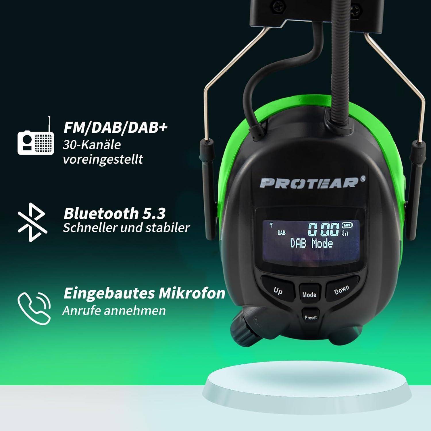 Gehörschutz Bluetooth 5.3 DAB FM SNR 30dB Akku Grün
