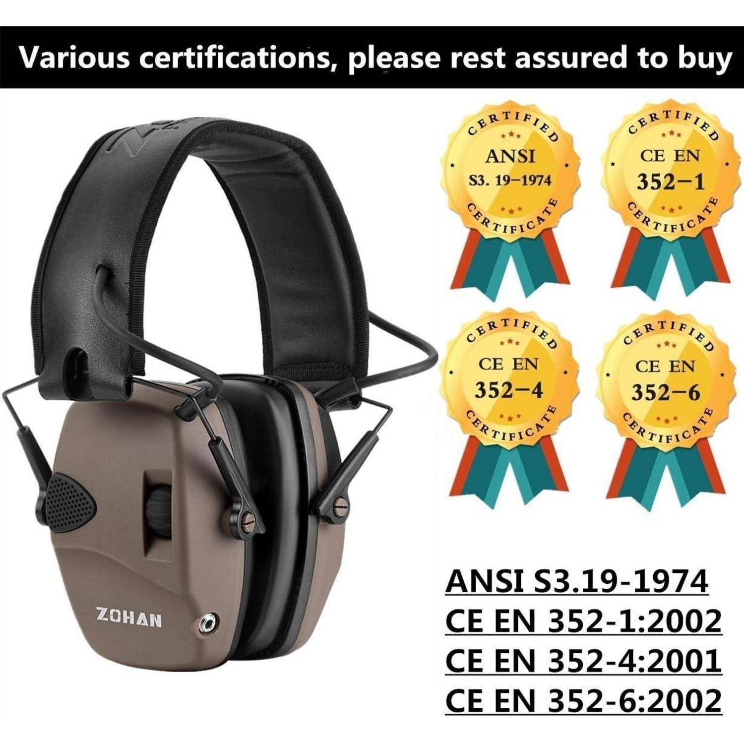 Ein Paar Noise-Canceling-Gehörschützer neben Zertifizierungsabzeichen. Text lautet: 