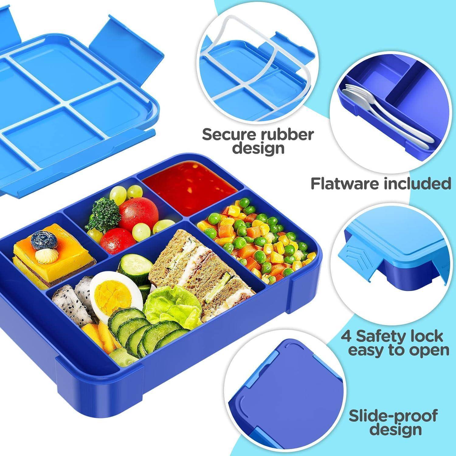 Blaue Lunchbox mit vier Fächern, die ein Sandwich, Gemüse, Obst und Joghurt enthält. Ausgestattet mit einer sicheren Gummidichtung und einem Bestaufbewahrungsfach.