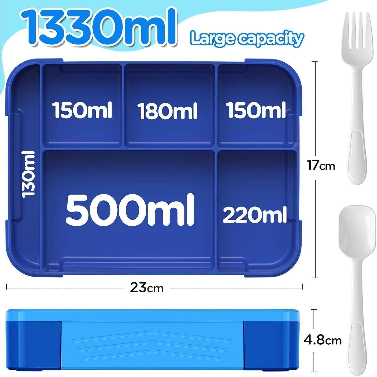 Blaue Lunchbox mit Abschnitten beschriftet als '150ml', '180ml', '150ml', '500ml', '220ml'. Abmessungen: 23cm x 17cm x 4,8cm, Gesamtkapazität 1330ml.