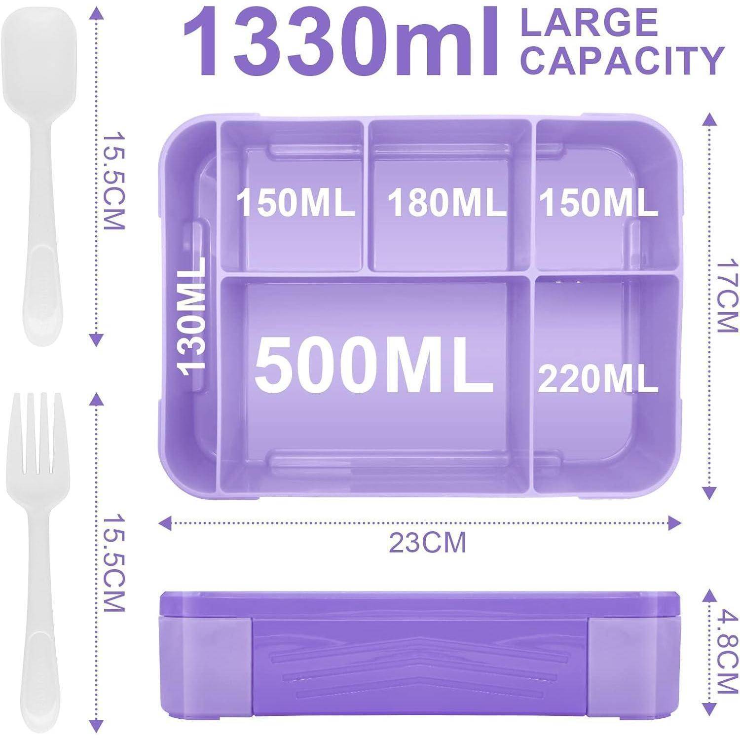 Lila Lunchbox mit sechs Fächern, beschriftet mit 150ml, 180ml, 150ml, 130ml, 500ml und 220ml, insgesamt 1330ml. Abmessungen: 23cm x 17cm x 4,8cm. Enthält eine Gabel und einen Löffel, jeweils 15,5cm lang.