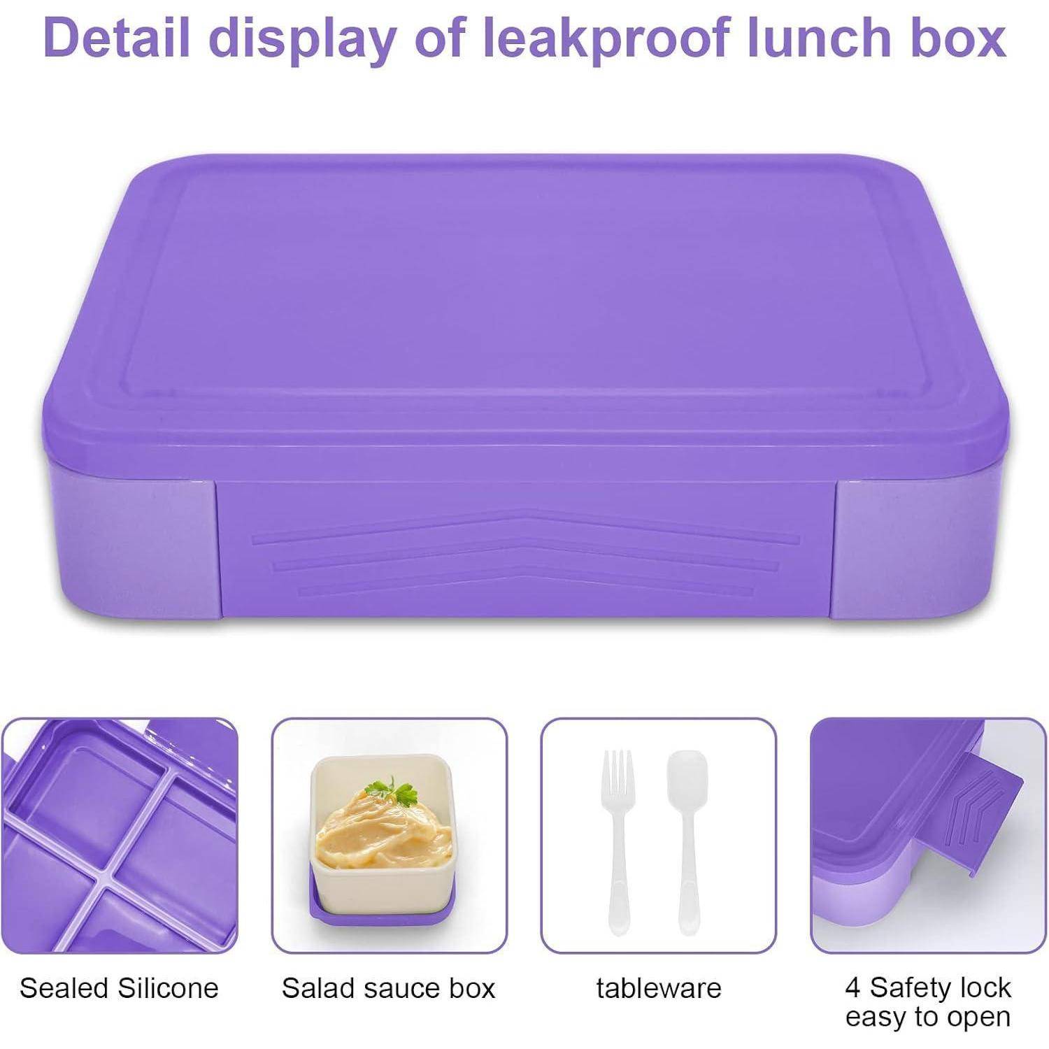 Detaillierte Darstellung einer auslaufsicheren Lunchbox.' Violette Box mit Abschnitten für Silikonabdichtung, Saucenbehälter, Besteck und Sicherheitsverriegelung.