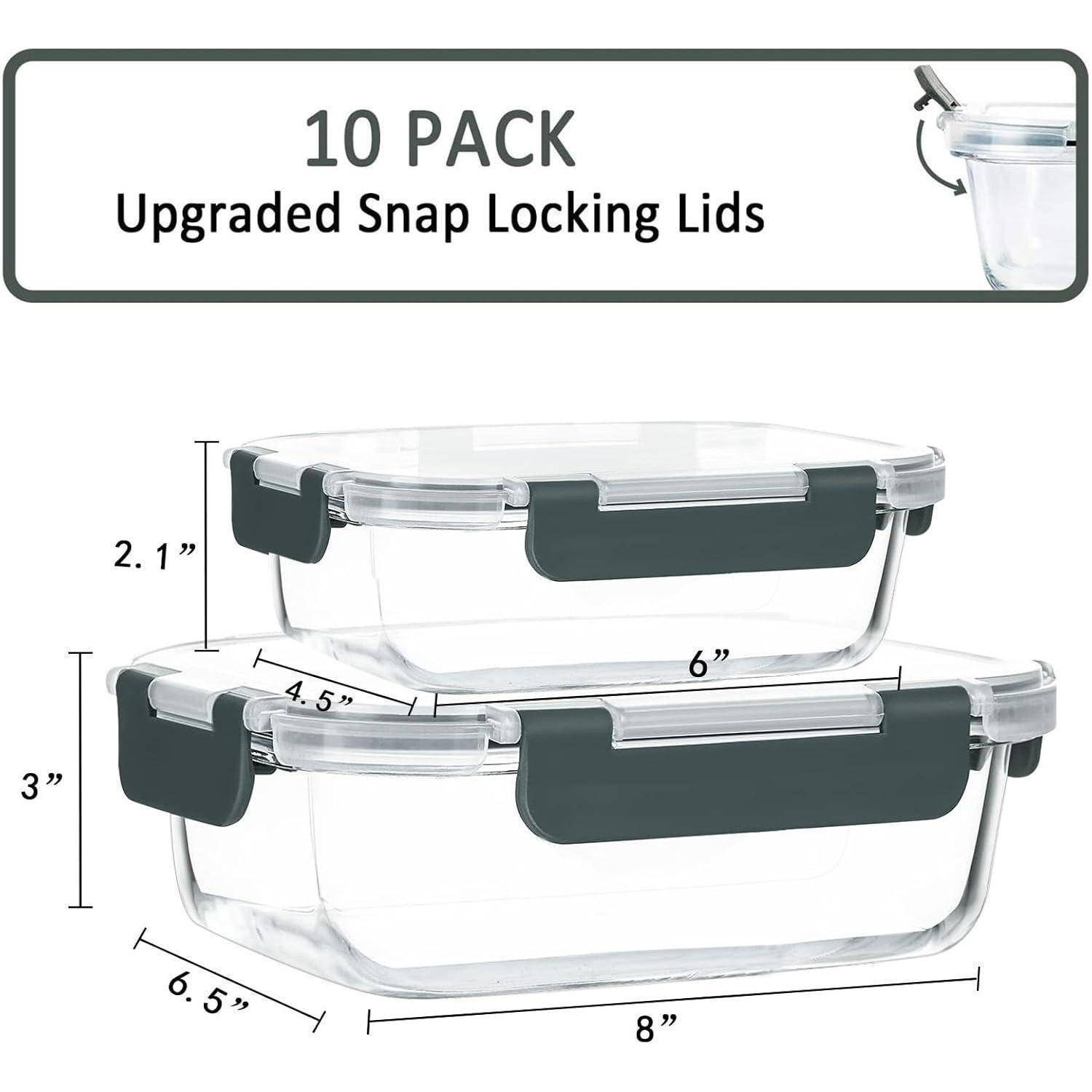 10er-Pack' Lebensmittelaufbewahrungsbehälter mit 'Verbesserten Schnappverschluss-Deckeln'. Zwei transparente Behälter mit schwarzen Deckeln gezeigt, Größen: 17,5 cm x 11,4 cm x 5,3 cm und 20,3 cm x 14,7 cm x 7,1 cm.