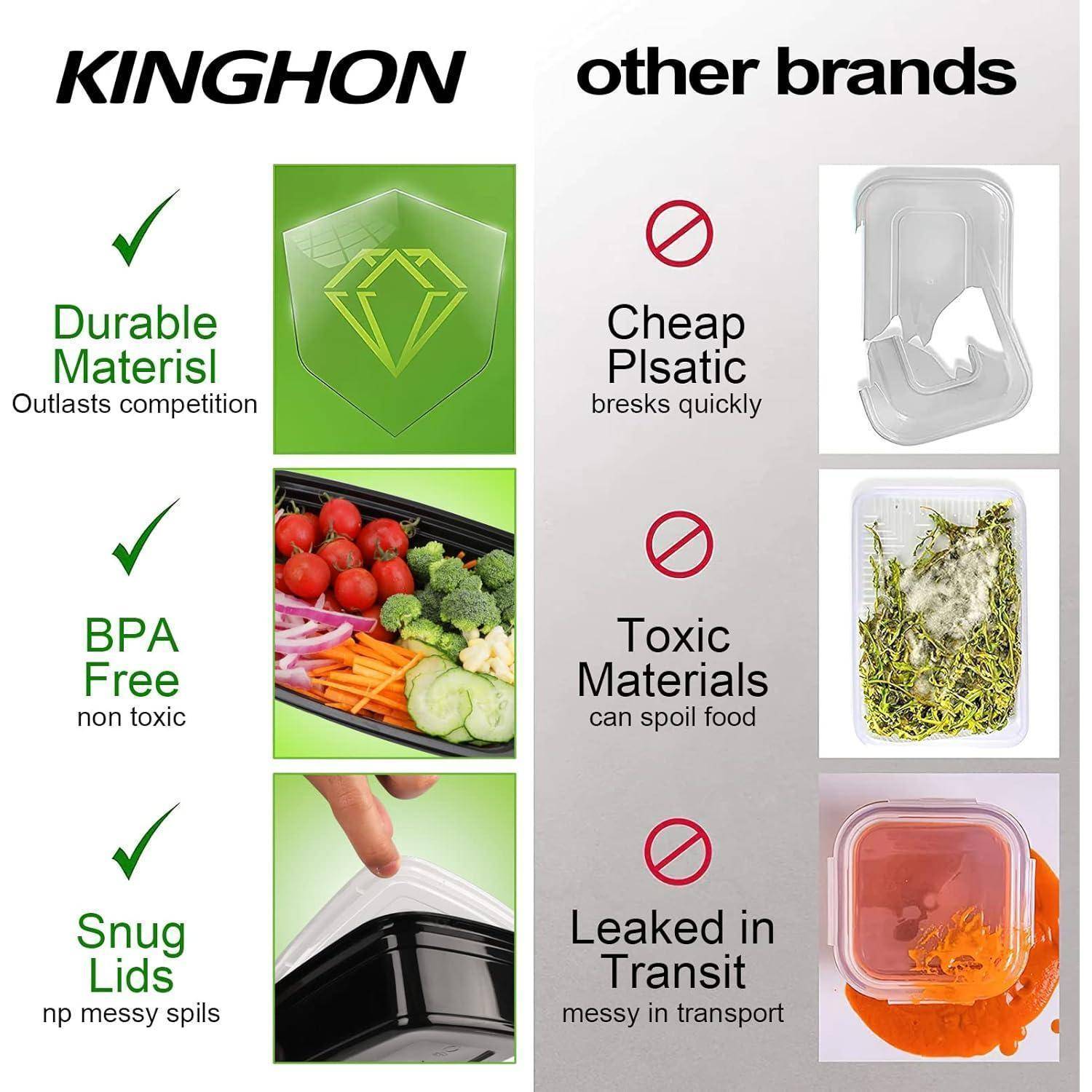 Vergleich von KINGHON mit anderen Marken: KINGHON verwendet ‚Langlebiges Material', ‚BPA-frei' und ‚Passende Deckel'; andere Marken verwenden ‚Billigen Kunststoff', ‚Giftige Materialien' und haben ‚Während des Transports Undichte Stellen'.
