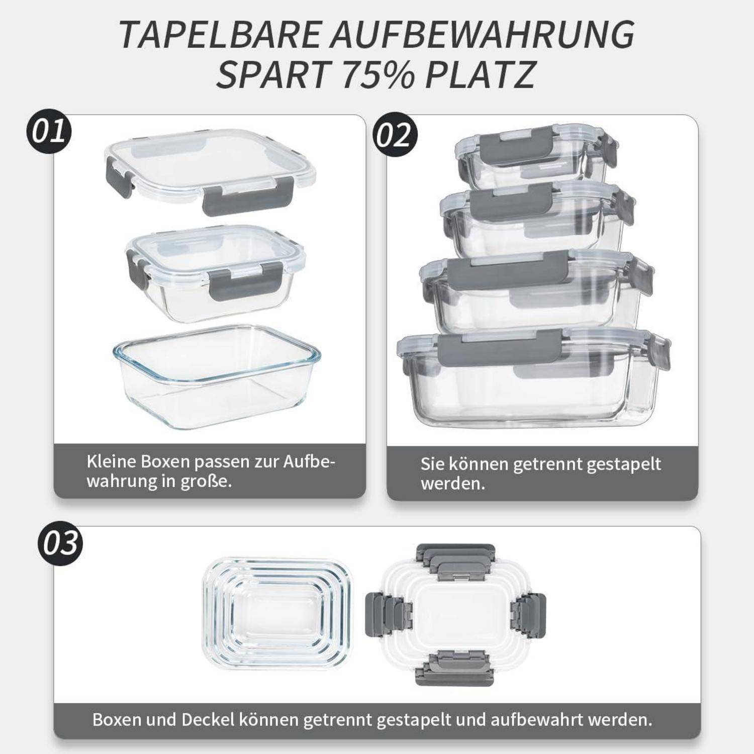 Stapelbare Aufbewahrung spart 75% Platz.' Bild zeigt drei Abschnitte mit Behältern. 01: Kleine Boxen zum Verstauen geeignet. 02: Einzeln stapelbar. 03: Boxen und Deckel ineinander verstaubar.