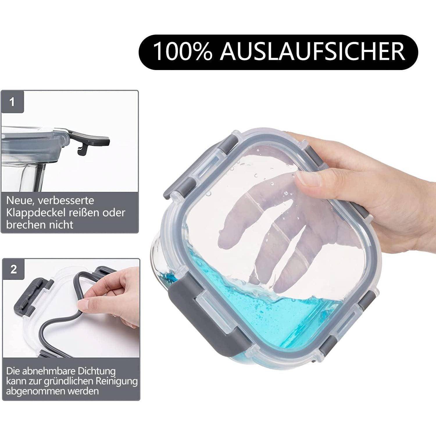 Eine Hand, die einen transparenten Behälter mit blauer Flüssigkeit hält und dessen auslaufsichere Eigenschaft demonstriert. Eingesetzte Bilder zeigen verbesserte Scharniere und einen abnehmbaren Dichtungsring. Text: '100% Auslaufsicher'.
