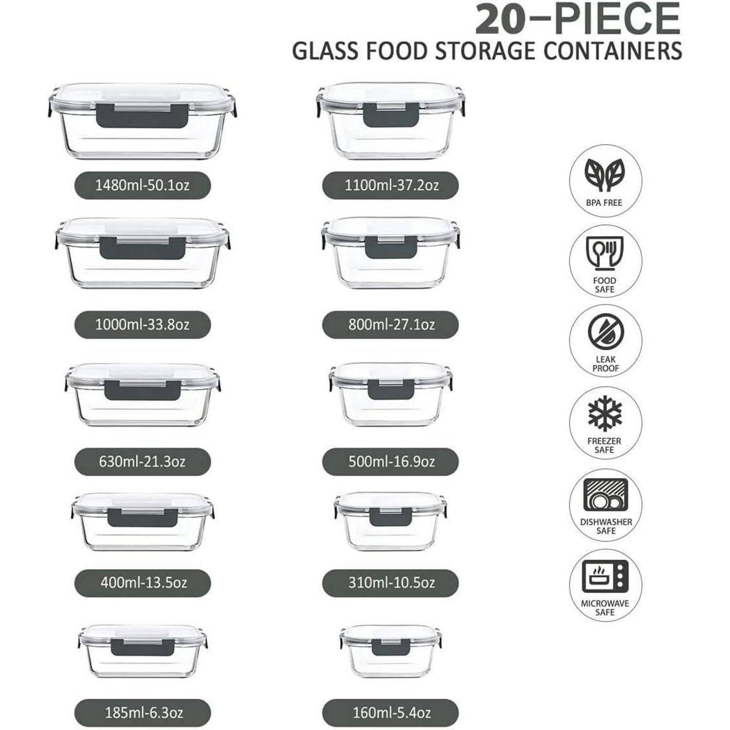 20-teiliges Glas-Lebensmittelbehälter-Set umfasst verschiedene Größen von 1480ml bis 160ml. Merkmale: BPA-frei, lebensmittelecht, auslaufsicher, gefrier-, spülmaschinen- und mikrowellengeeignet.