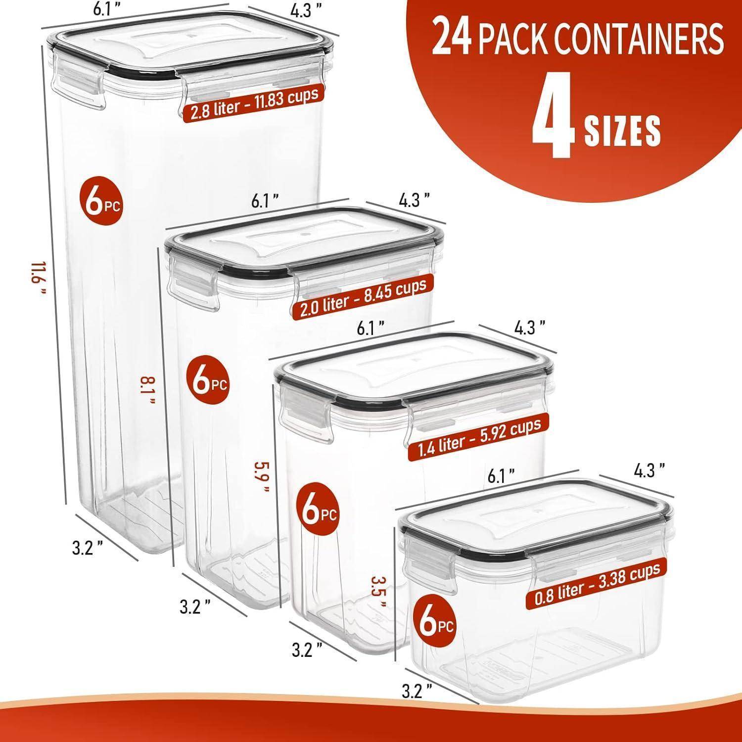 24er Pack Behälter in 4 Größen zur Aufbewahrung: 11,83 Tassen, 8,45 Tassen, 5,92 Tassen und 3,38 Tassen. Transparent mit sicheren Deckeln.