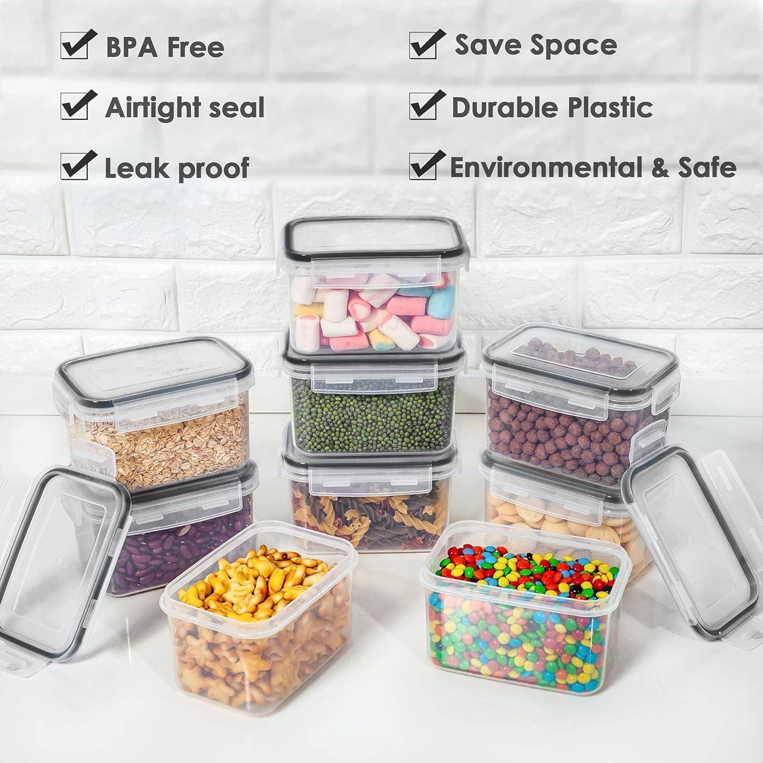 Kunststoff-Aufbewahrungsbehälter gefüllt mit Getreide, Süßigkeiten und Snacks. Texthervorhebungen zeigen Eigenschaften: BPA-frei, Platzsparend, Luftdichter Verschluss, Robuster Kunststoff, Umweltfreundlich & Sicher.